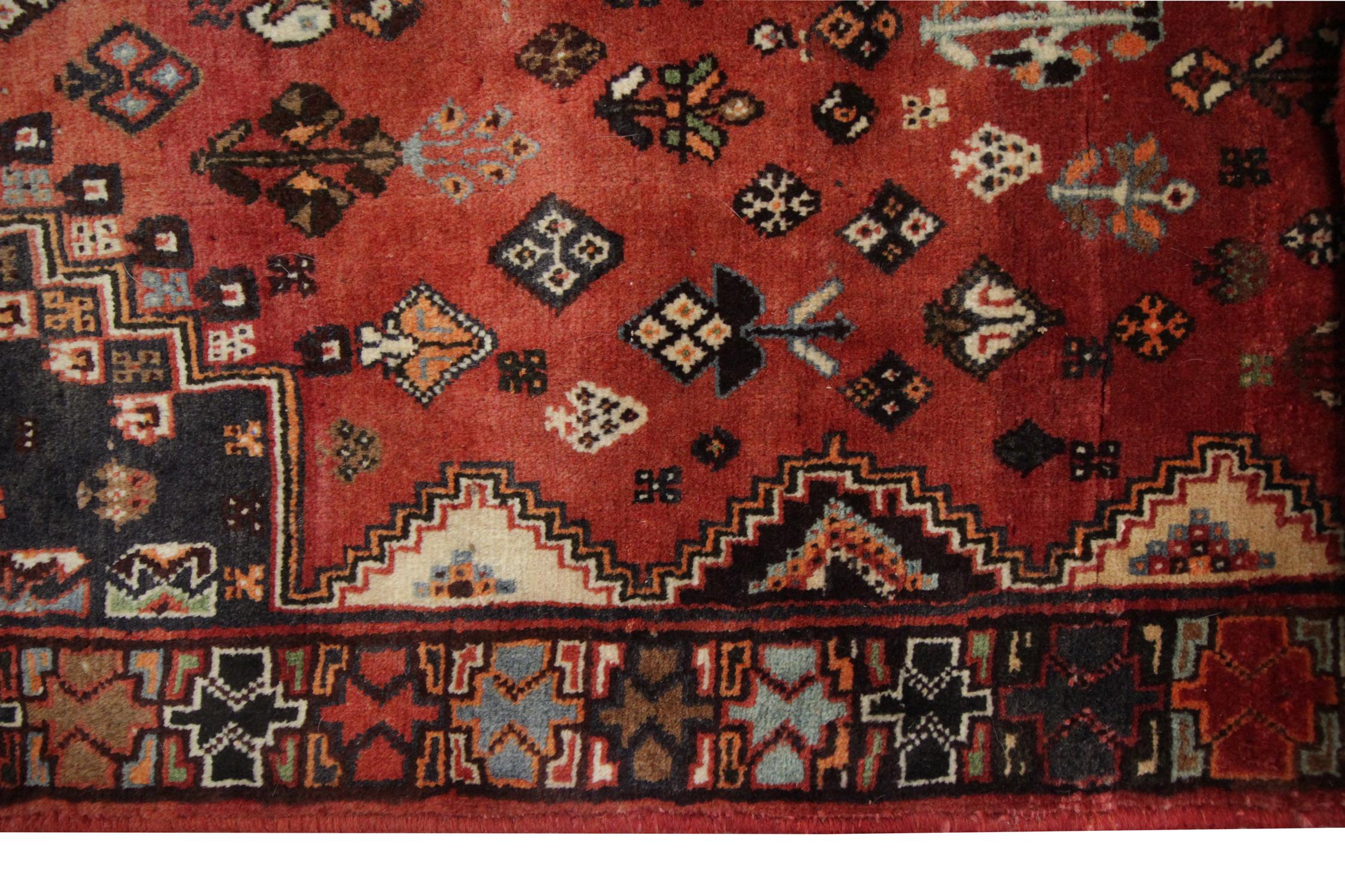 Vintage Caucasian Azerbaijan Tribal Rug, 1970 Traditional Red Wool Large Rug For Sale 3