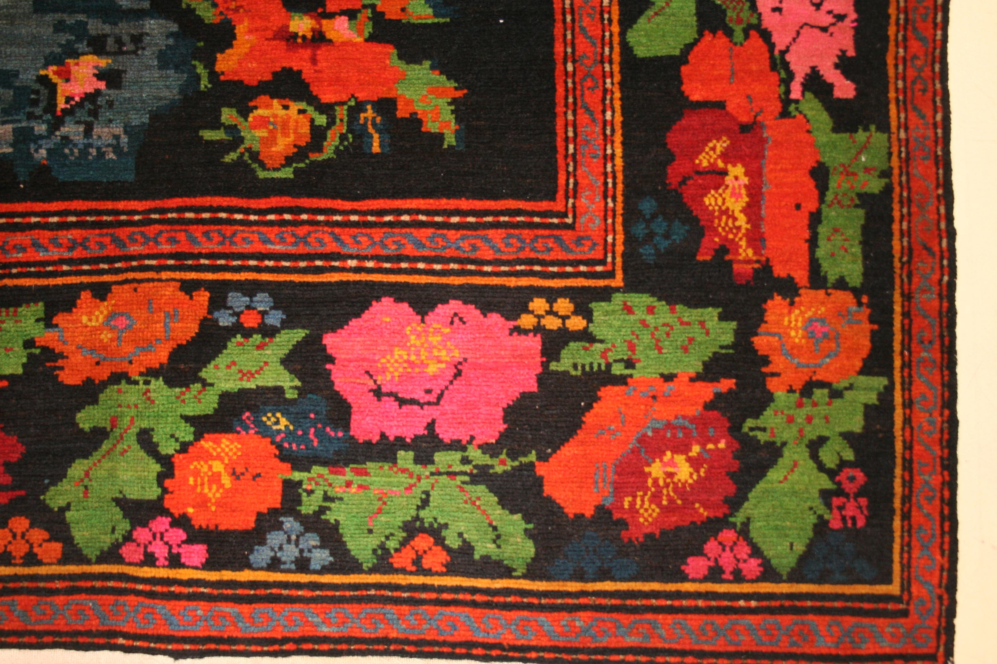Bessarabian Vintage Caucasian Floral Qarabagh Rug in the St. Petersburg Style