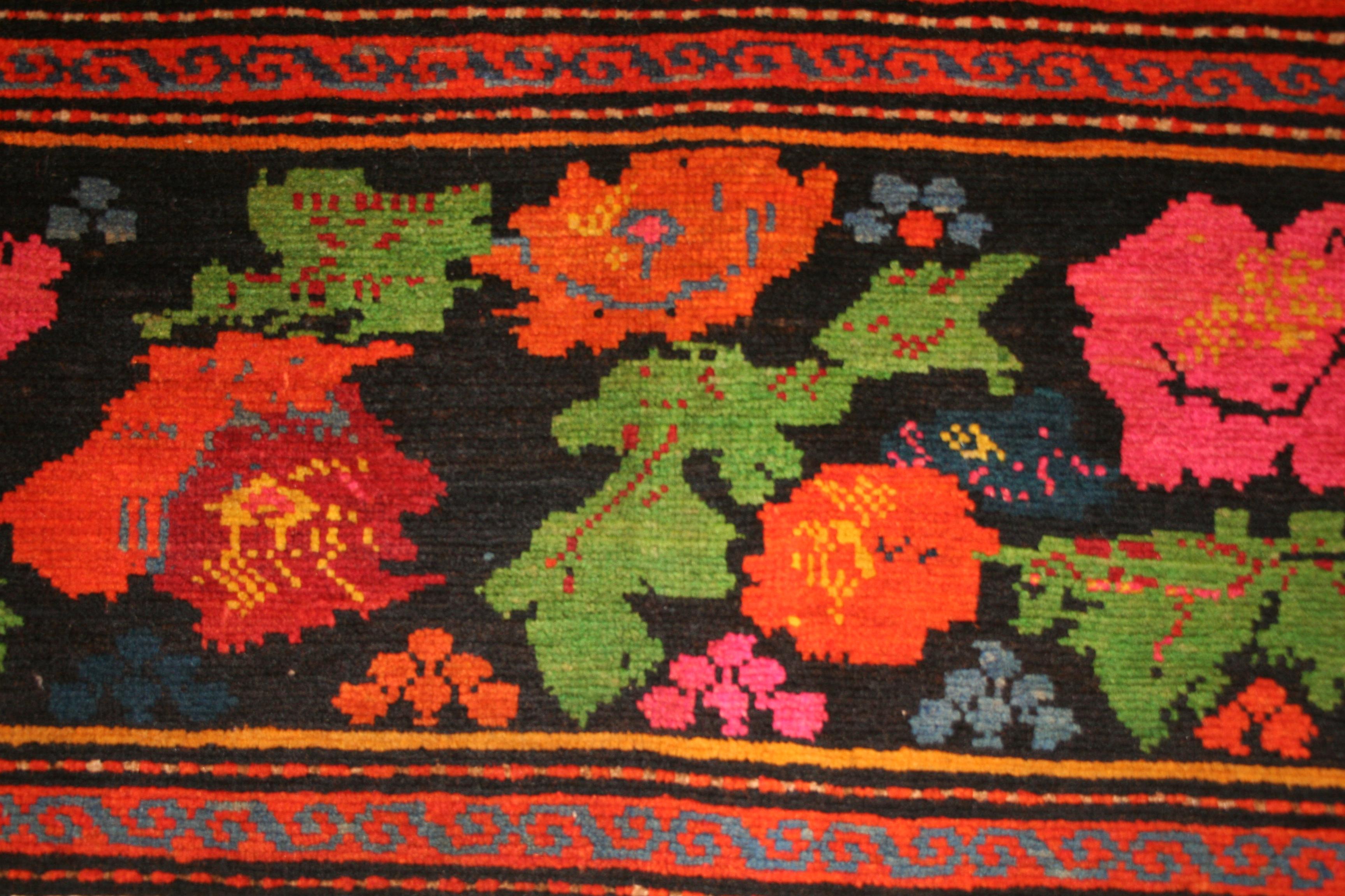 Hand-Knotted Vintage Caucasian Floral Qarabagh Rug in the St. Petersburg Style