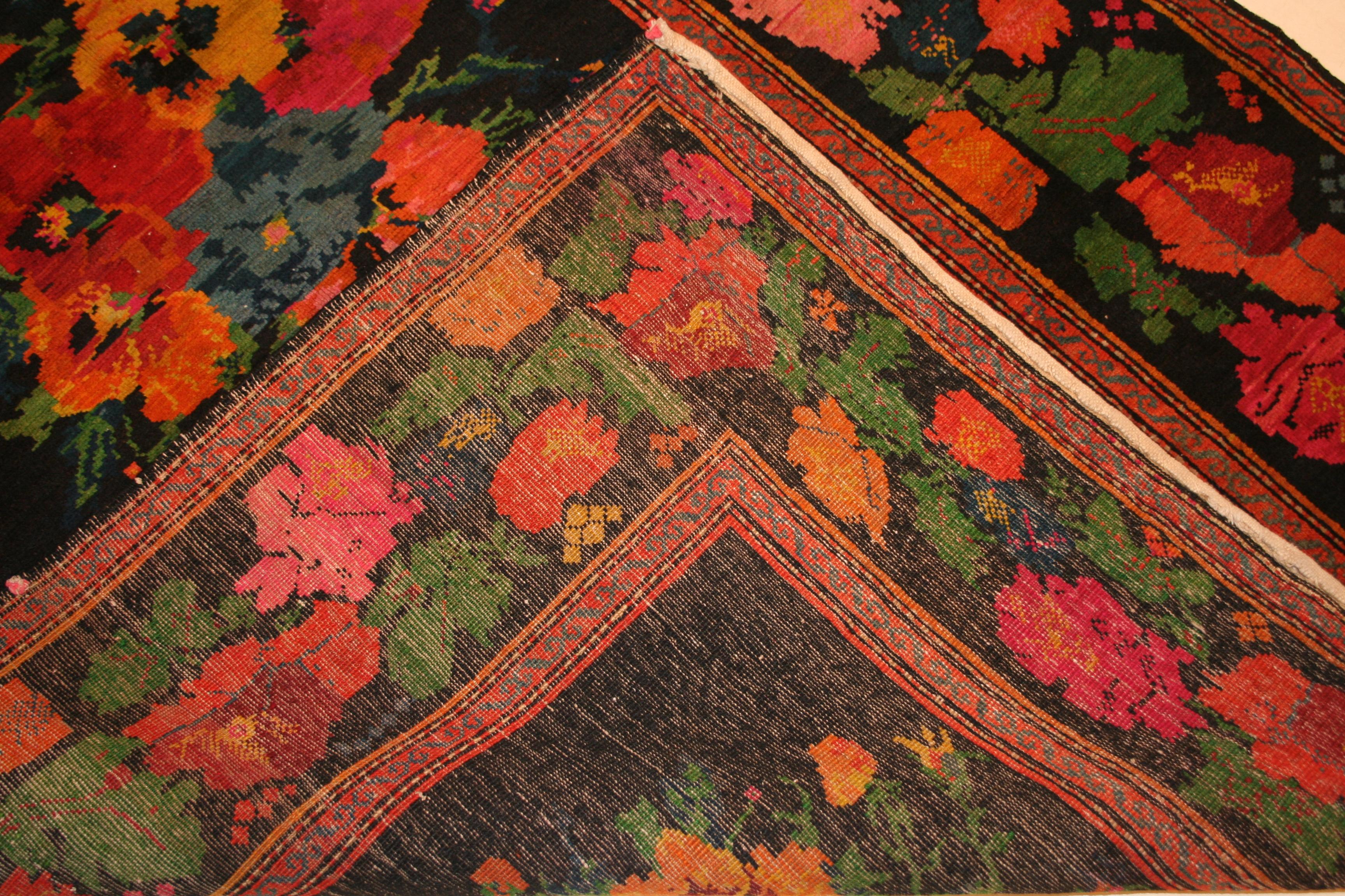 Wool Vintage Caucasian Floral Qarabagh Rug in the St. Petersburg Style