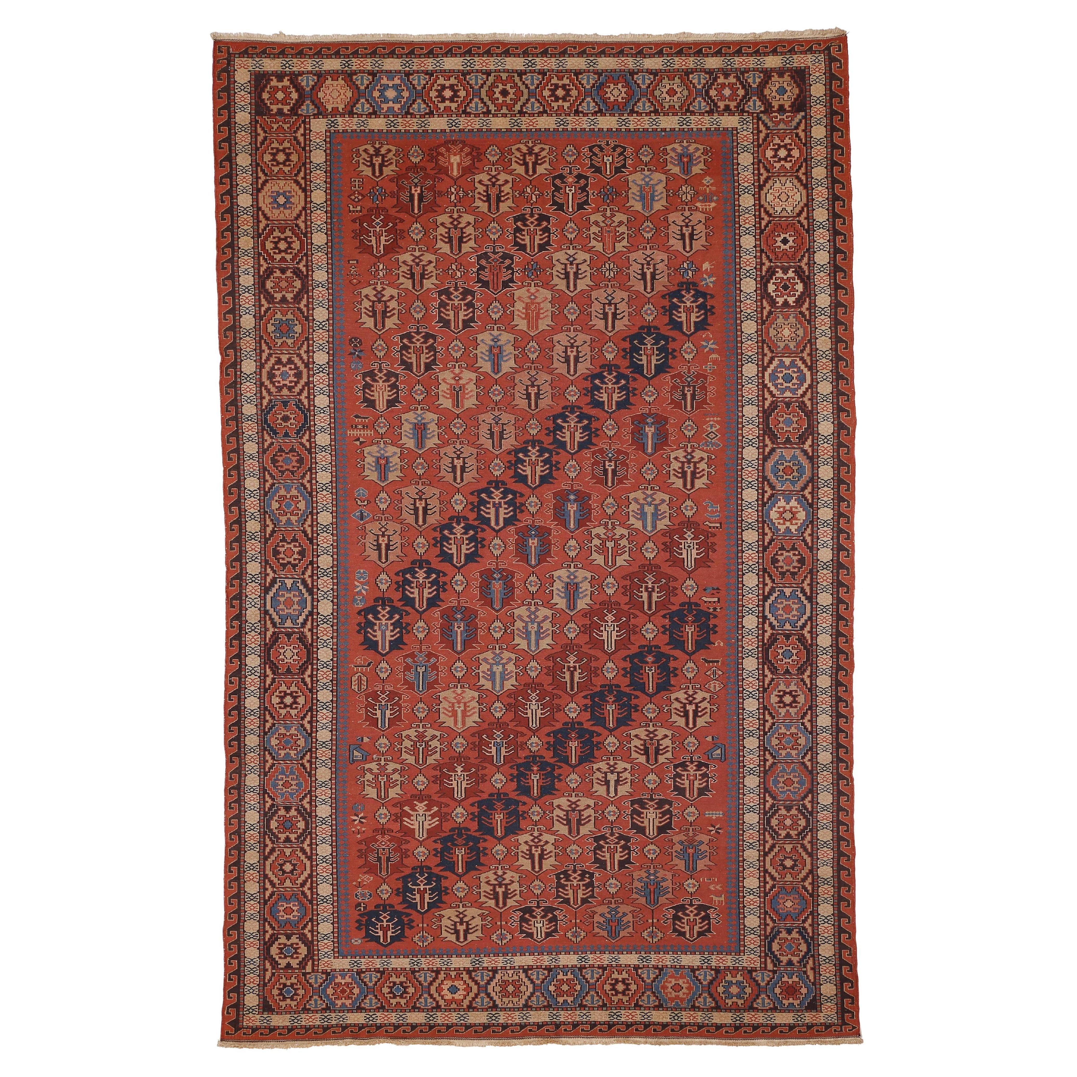 Vintage Caucasian Geometric All-Over Shield Design Sumak Rug