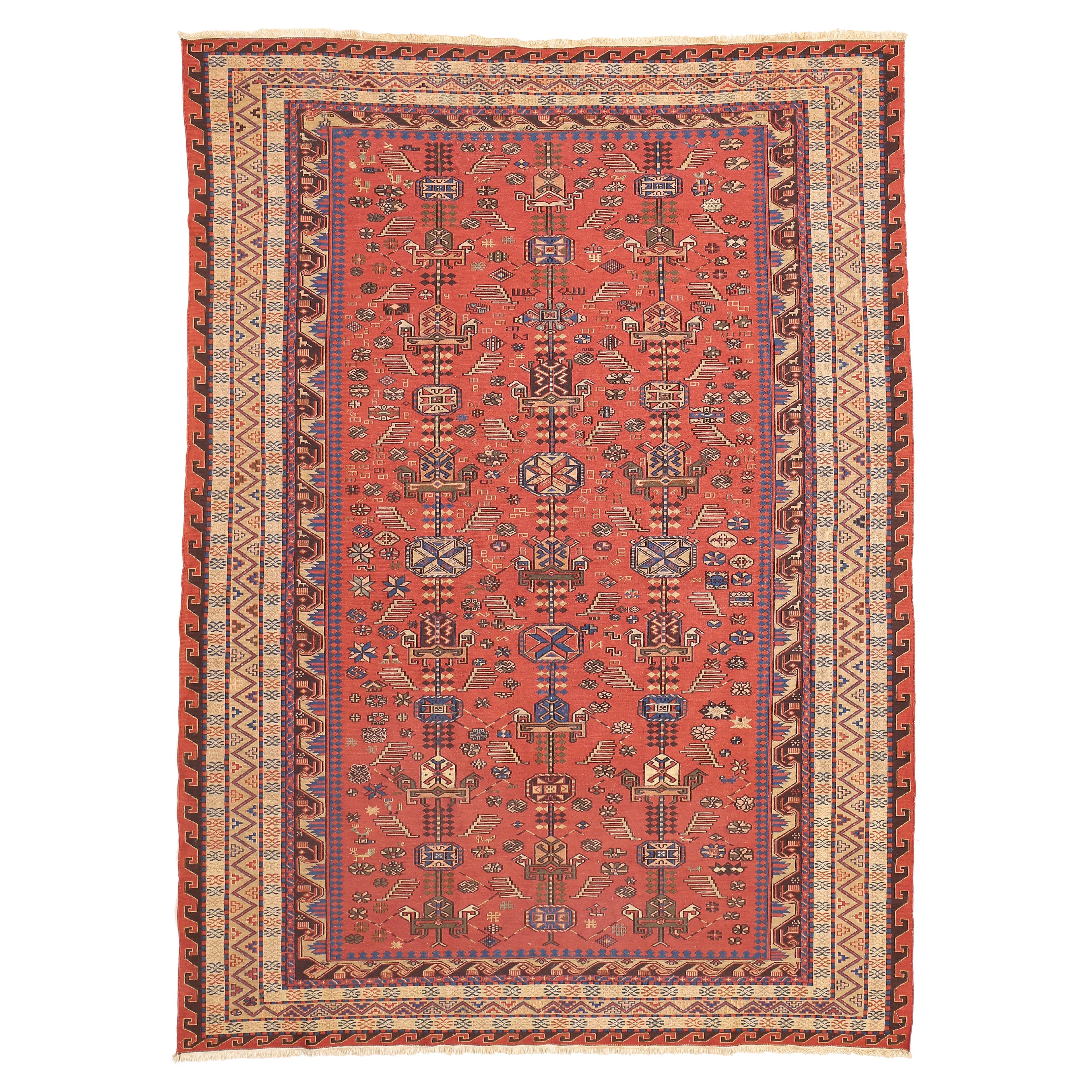 Vintage Caucasian Geometric All-Over Shield Design Sumak Rug