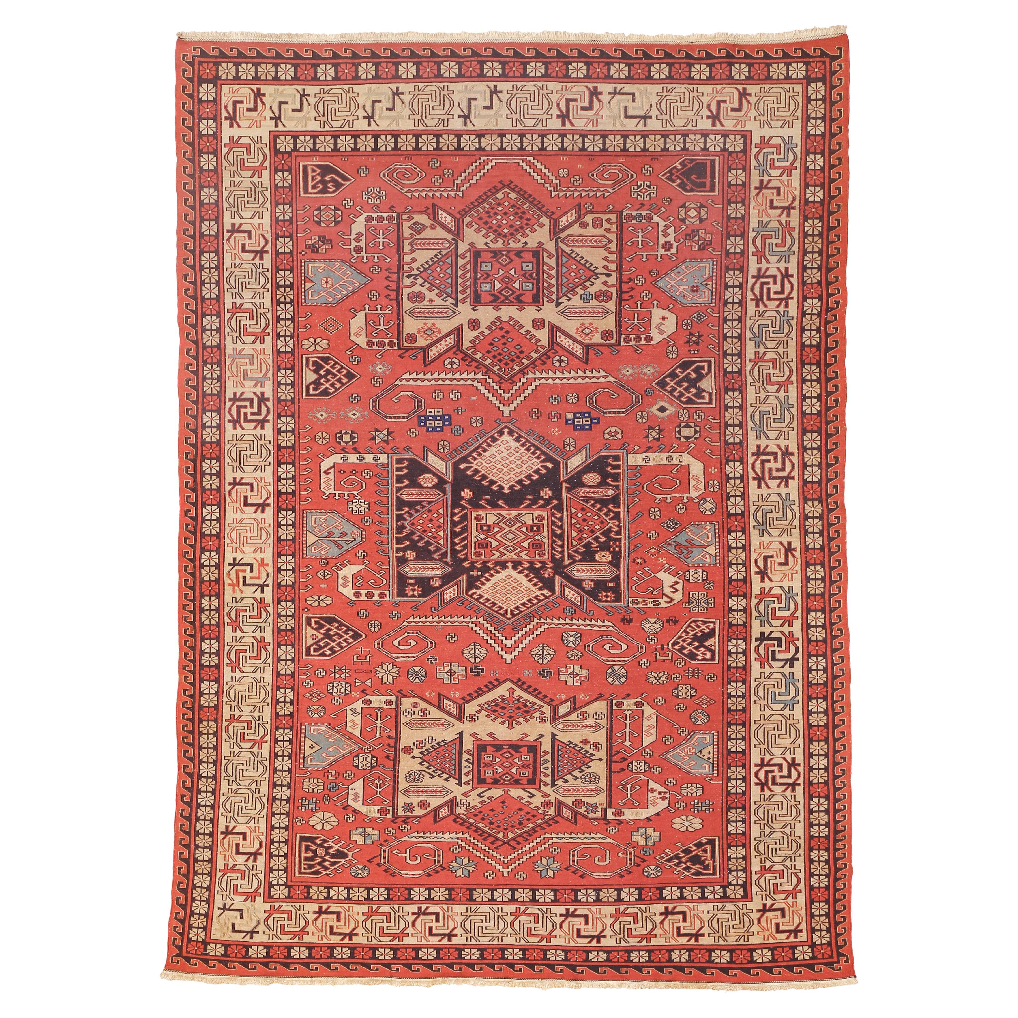 Vintage Caucasian Geometric Design Sumak Rug
