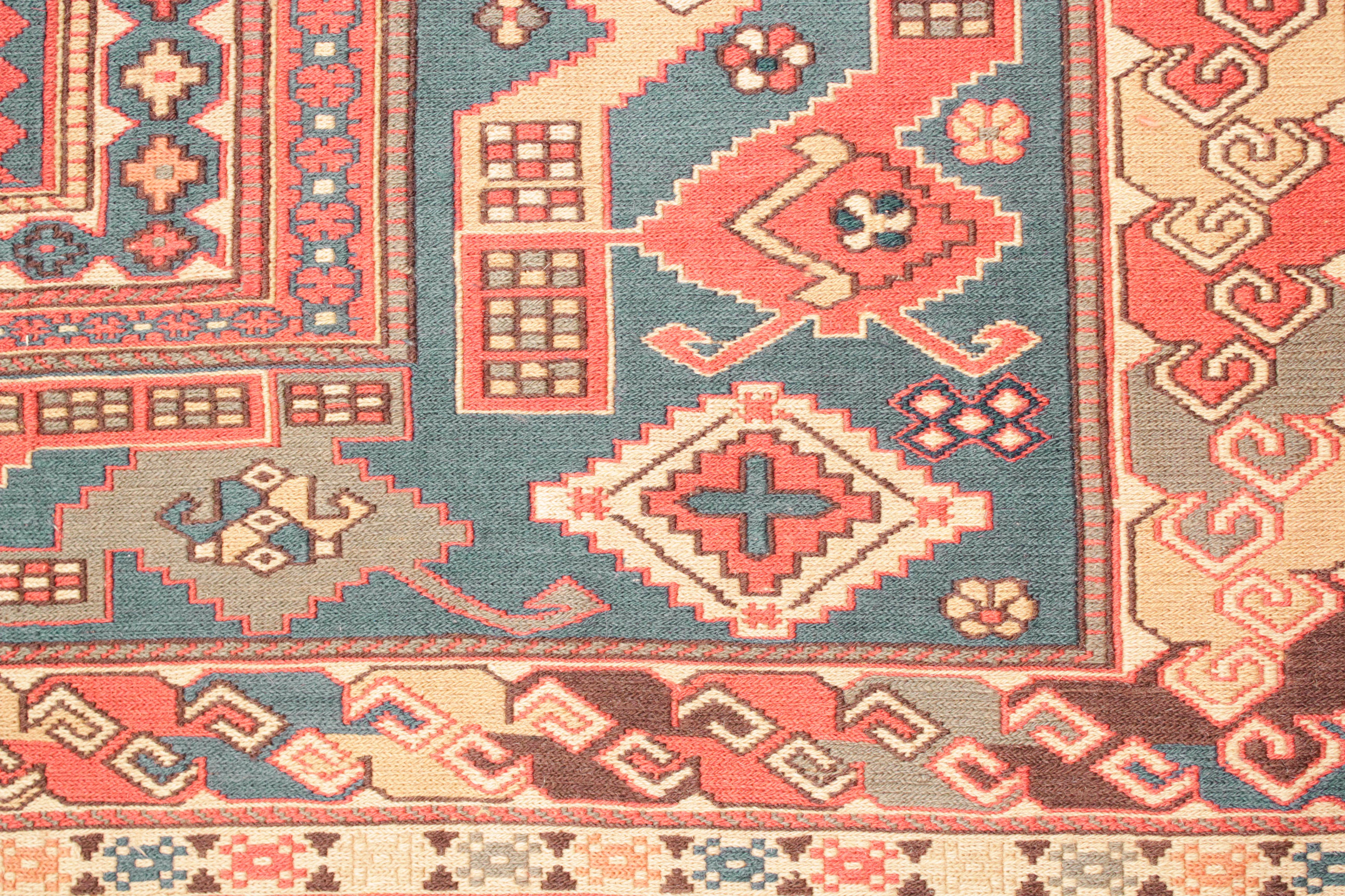 Hand-Woven Vintage Caucasian Geometric Design Sumak Rug with Lesghi Stars For Sale