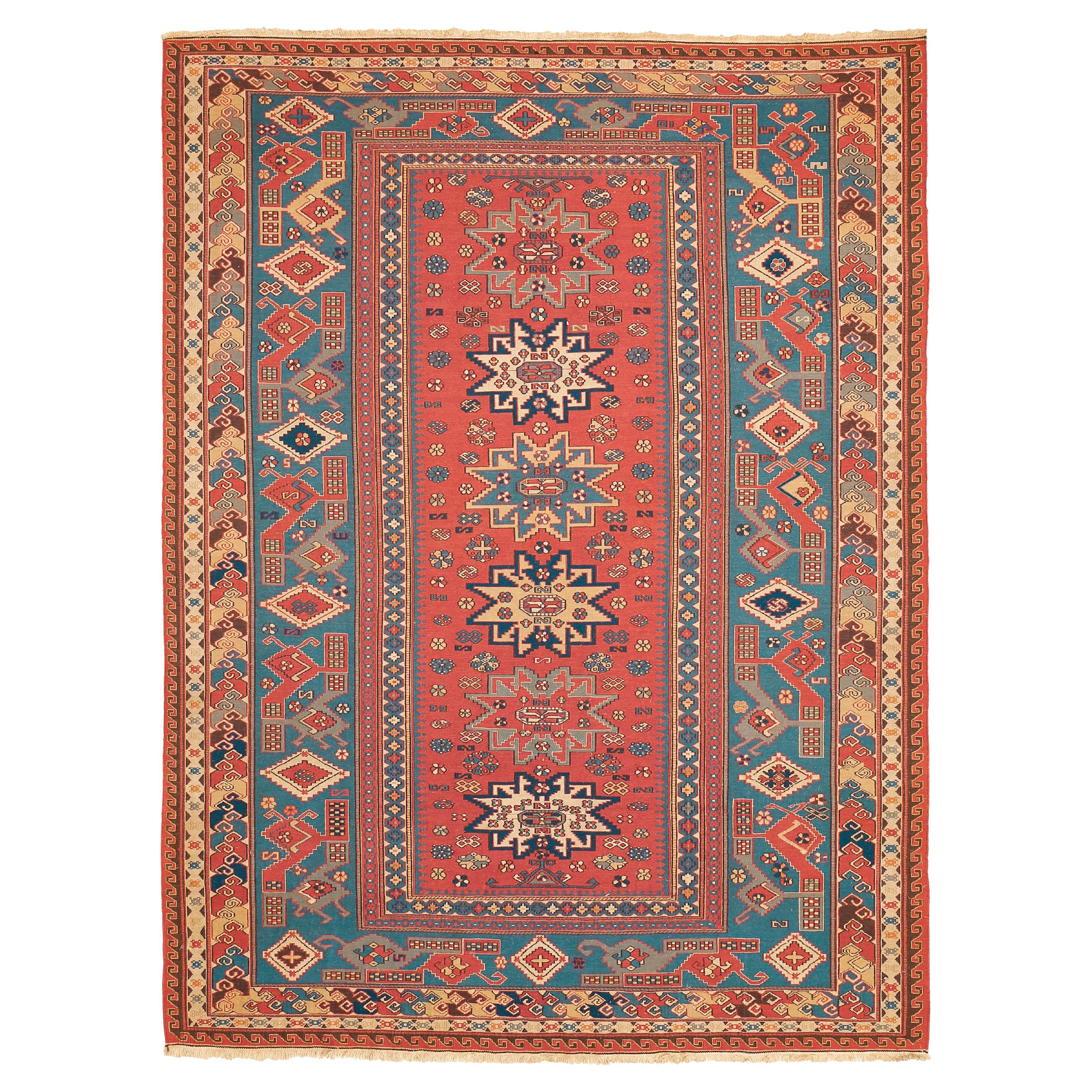Vintage Caucasian Geometric Design Sumak Rug with Lesghi Stars For Sale