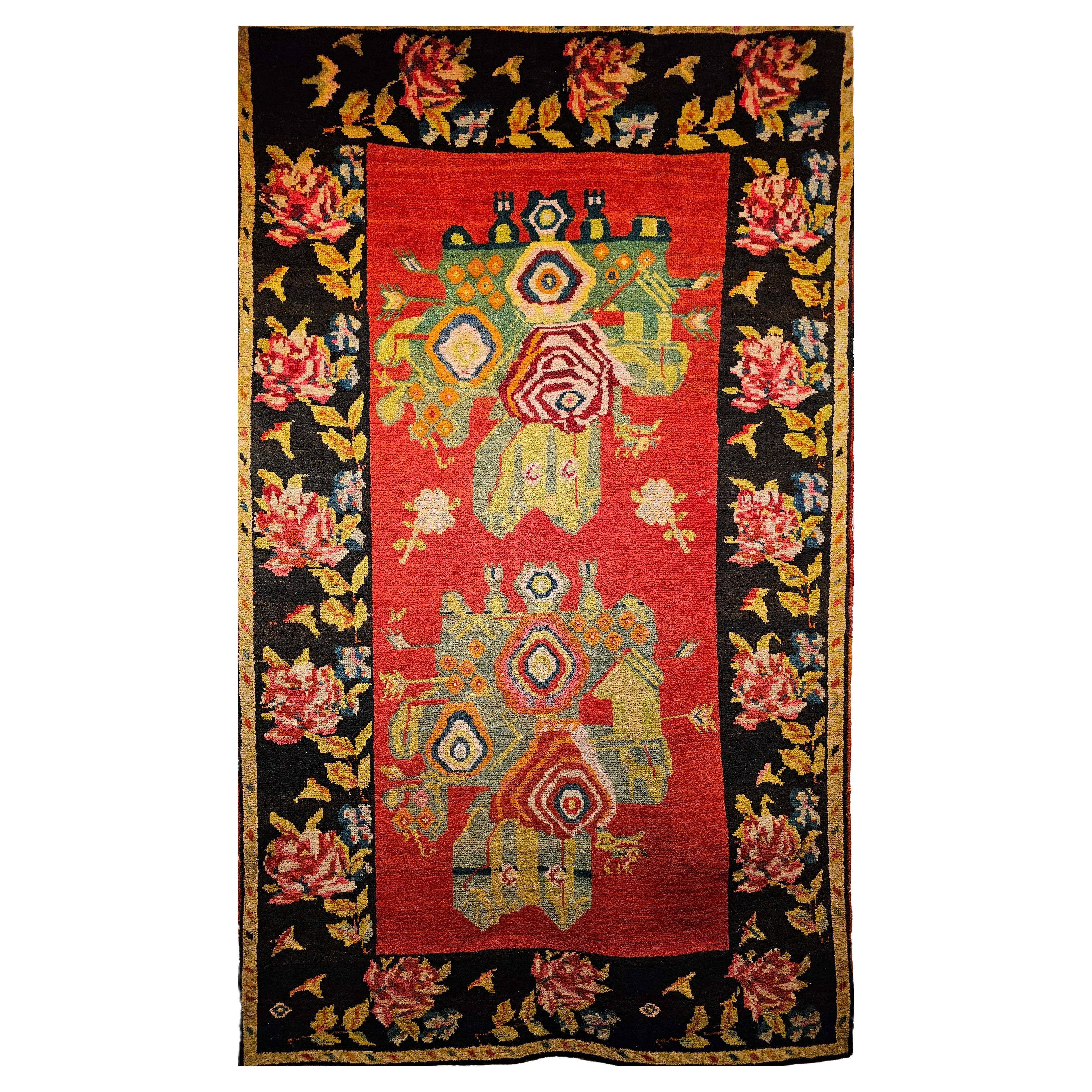 Vintage Caucasian Karabagh Floral Area Rug in Red, Pink, Brown, Yellow, Green