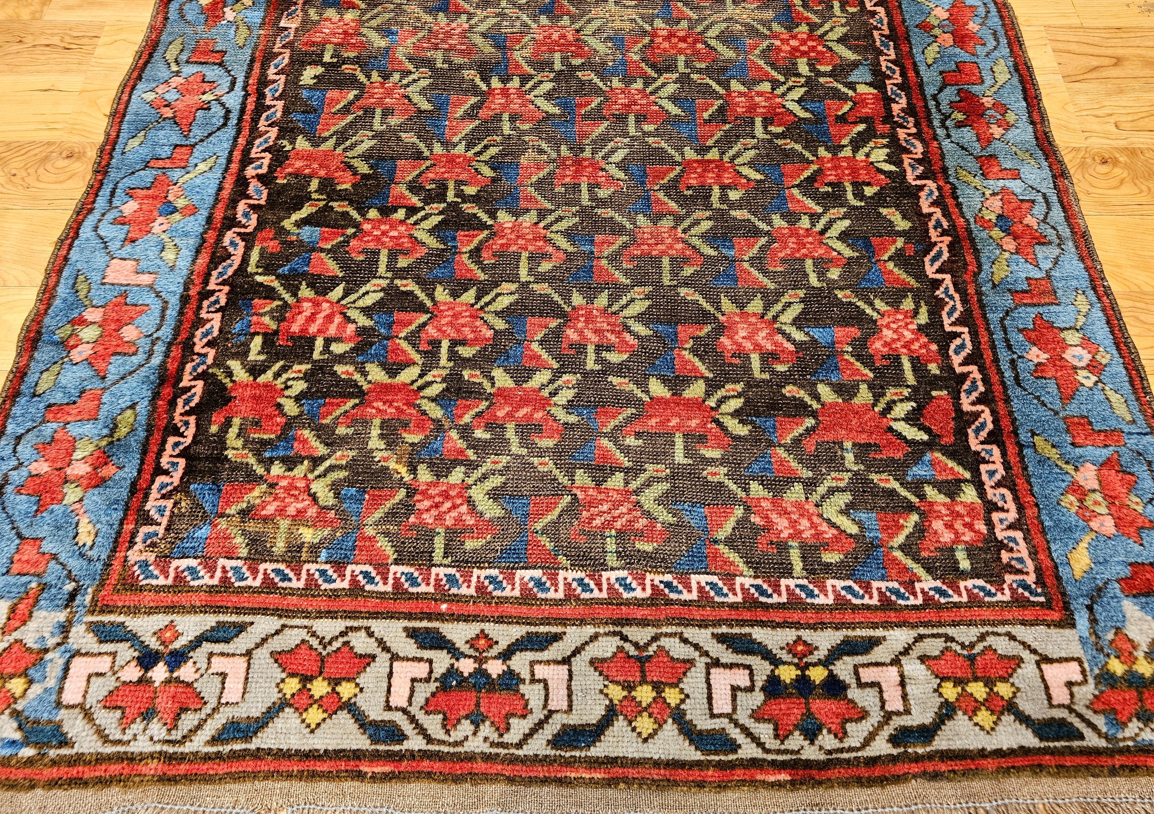 Vegetable Dyed Vintage Caucasian Karabagh in Allover Pattern in Brown, Blue, Yellow, Green, Red For Sale