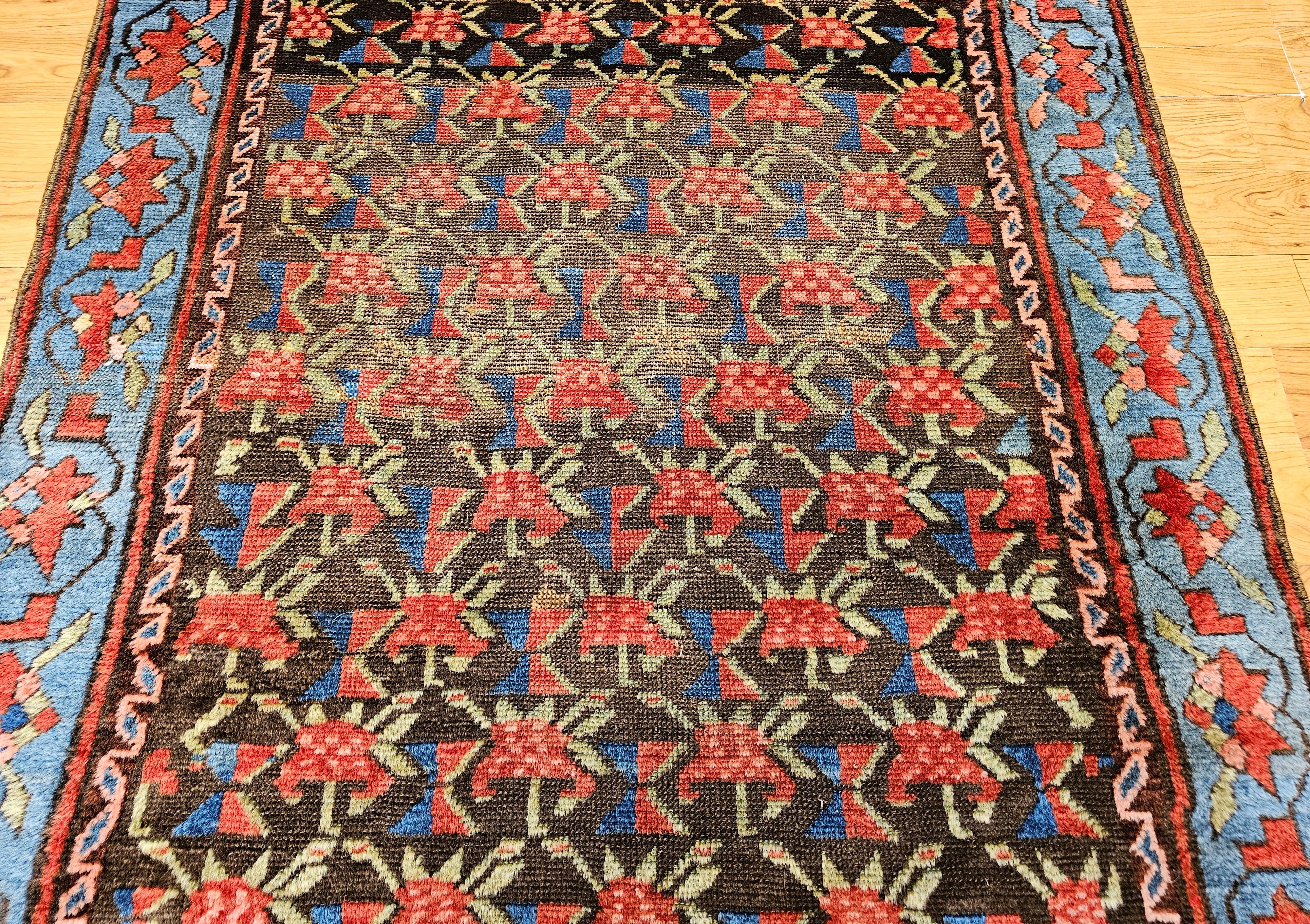 Vintage Caucasian Karabagh in Allover Pattern in Brown, Blue, Yellow, Green, Red In Good Condition For Sale In Barrington, IL