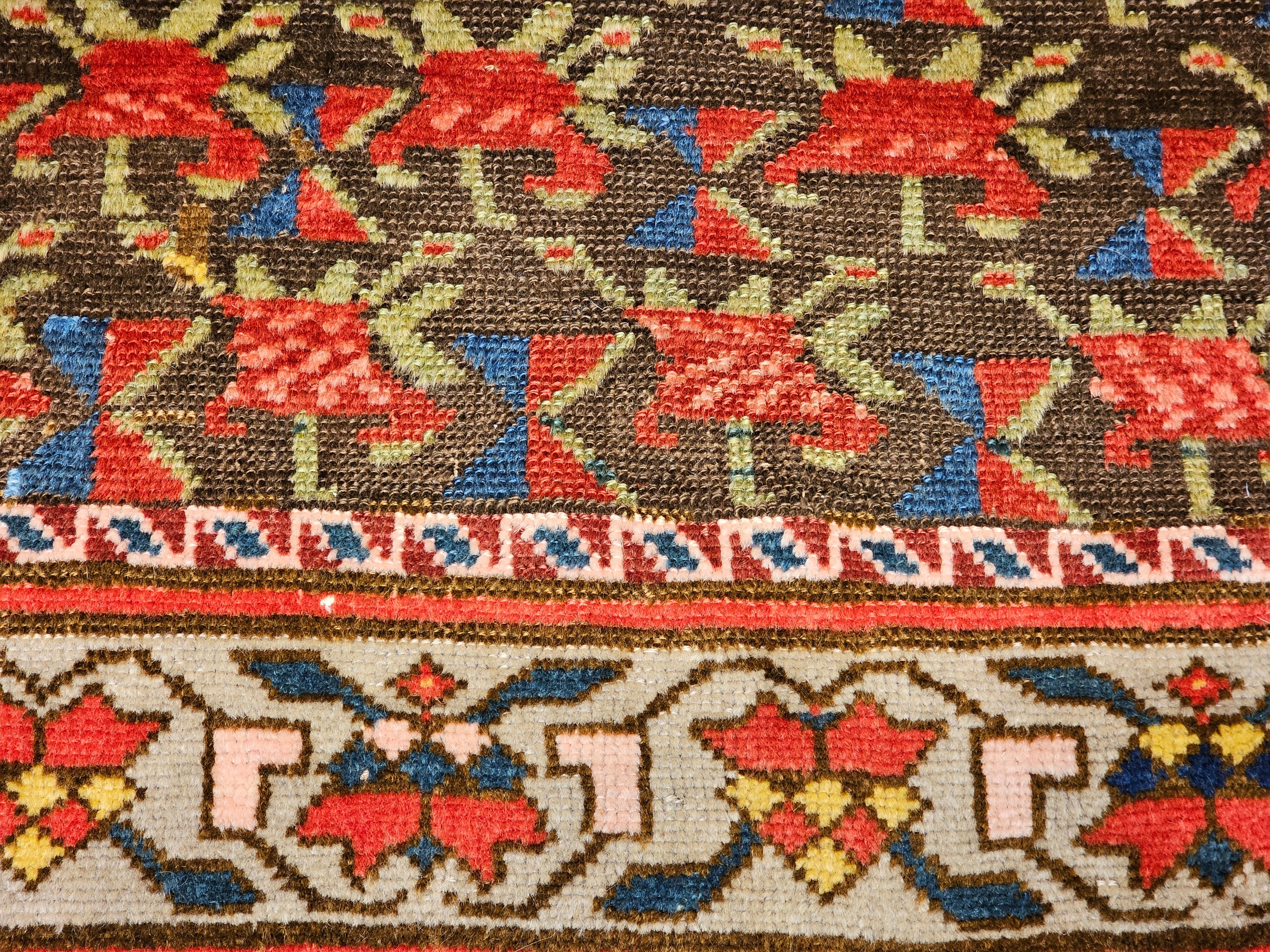 Wool Vintage Caucasian Karabagh in Allover Pattern in Brown, Blue, Yellow, Green, Red For Sale