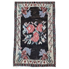 Vintage Caucasian Karabagh Kilim, Flat-Woven, Floral Bouquet Pattern, 5' x 8'