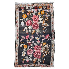 Vintage Caucasian Karabagh Kilim, Handwoven Wool, Large Floral Pattern, 7' x 13'