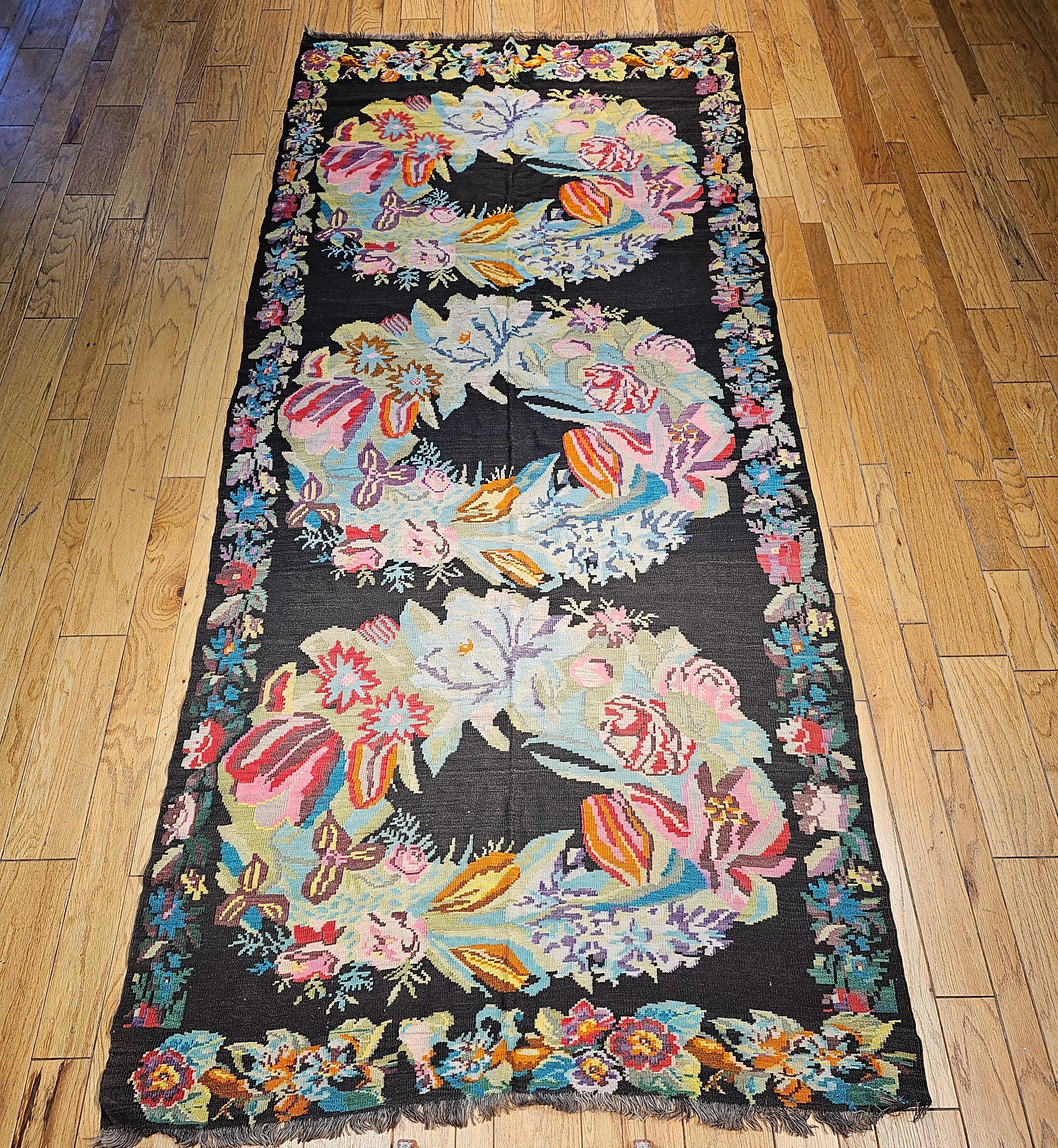 Vintage Caucasian Karabagh Kilim in Floral Pattern in Black, Green, Blue, Yellow For Sale 7