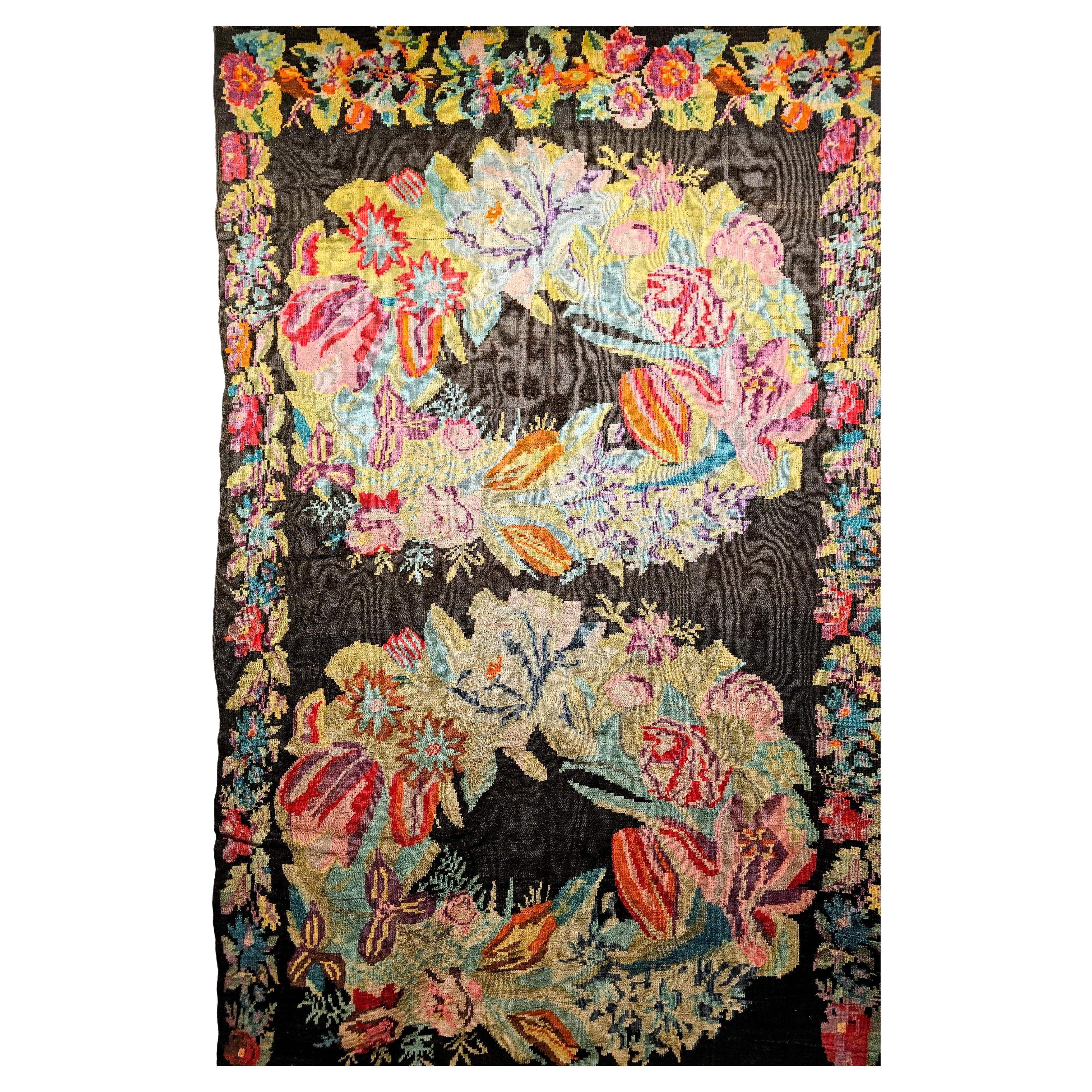 Vintage Caucasian Karabagh Kilim in Floral wreaths Pattern in Black, Green, Pink For Sale