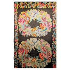 Vintage Karabagh Kilim caucasico con motivo floreale in nero, verde, blu e giallo