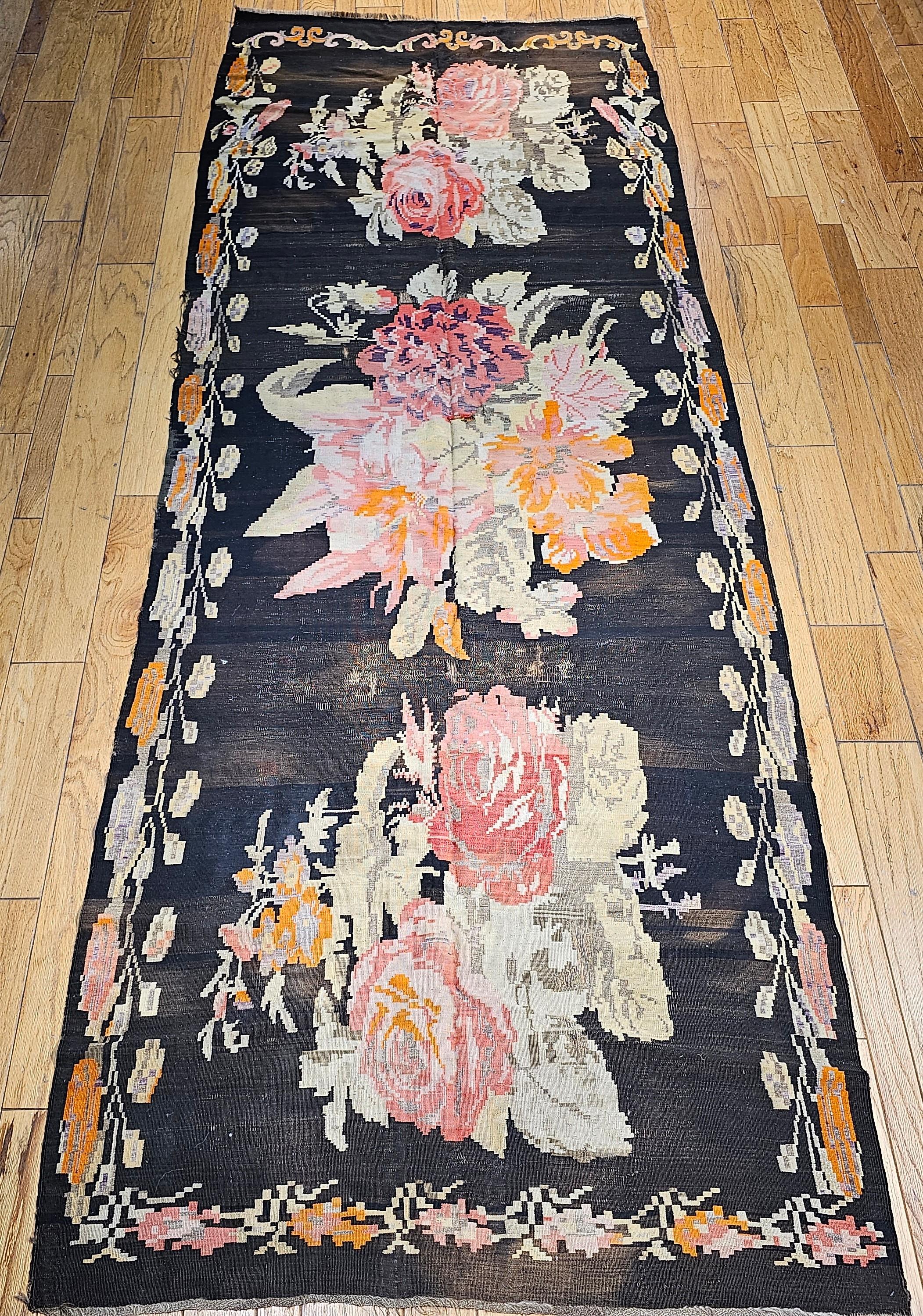 Vintage Caucasian Karabagh Kilim in Large Floral Pattern in Brown, Black, Red In Good Condition For Sale In Barrington, IL