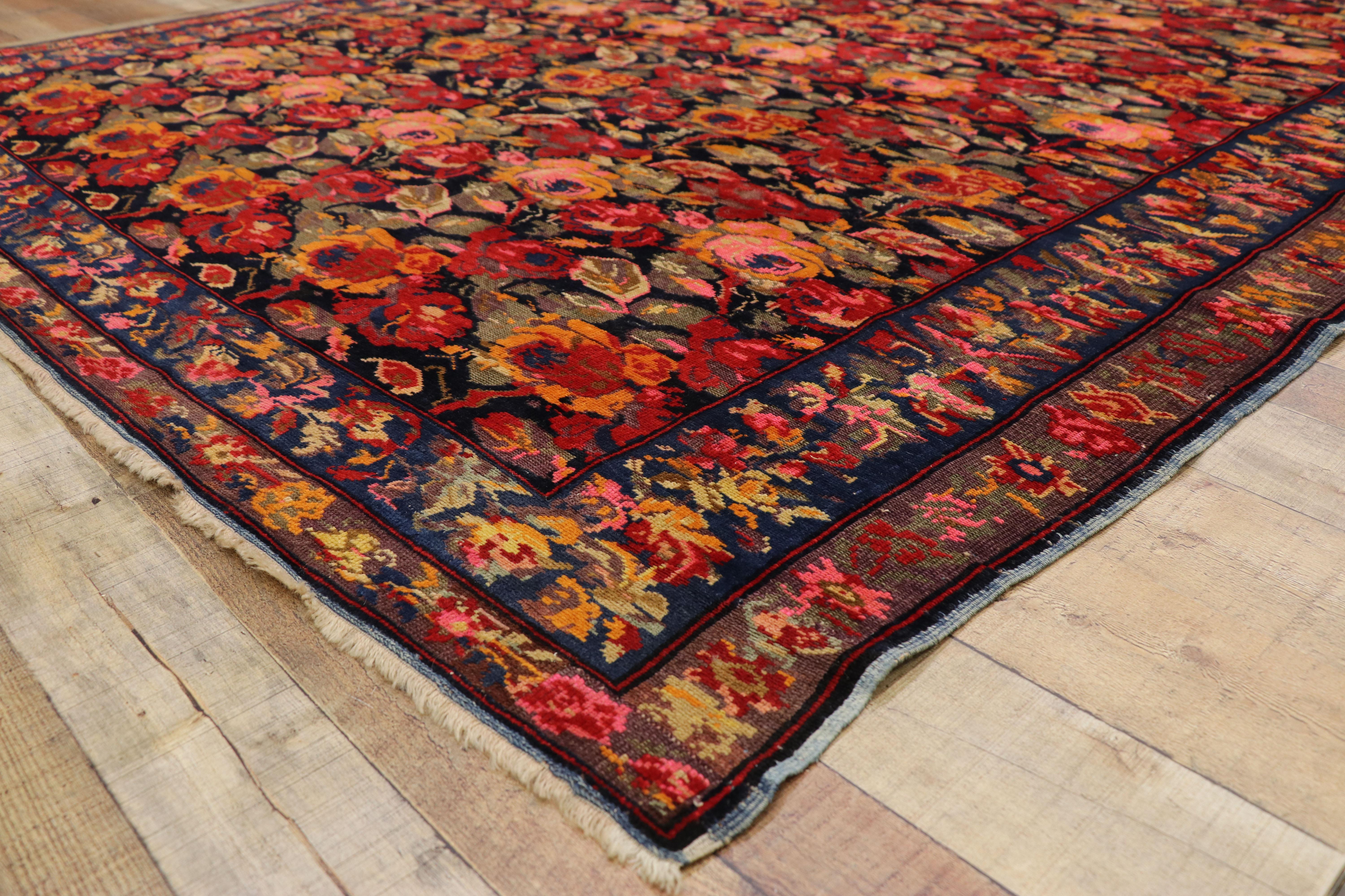 Wool Vintage Caucasian Karabagh Rose Rug with English Cottage Tudor Style, Gol Farang For Sale