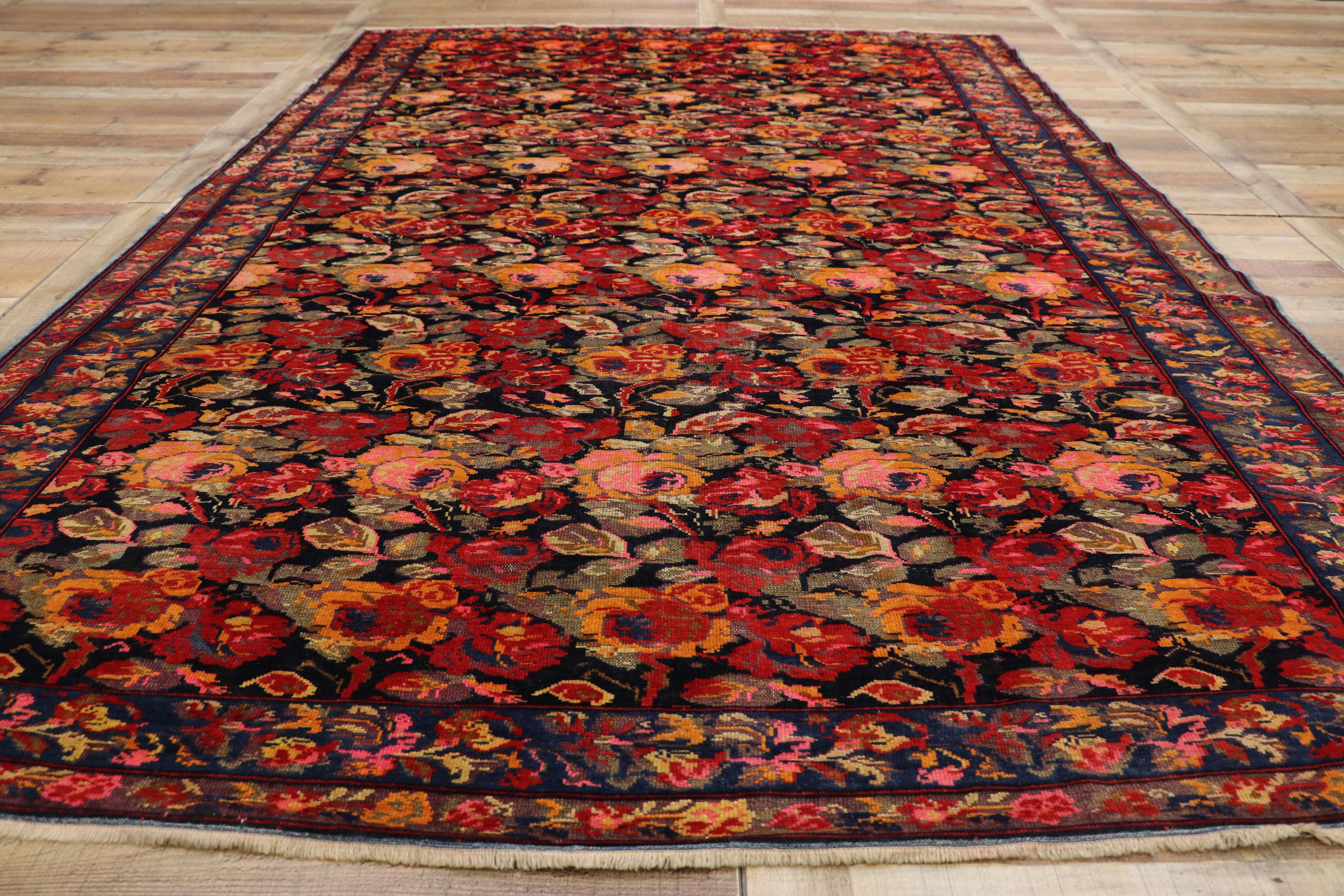 Vintage Caucasian Karabagh Rose Rug with English Cottage Tudor Style, Gol Farang For Sale 1