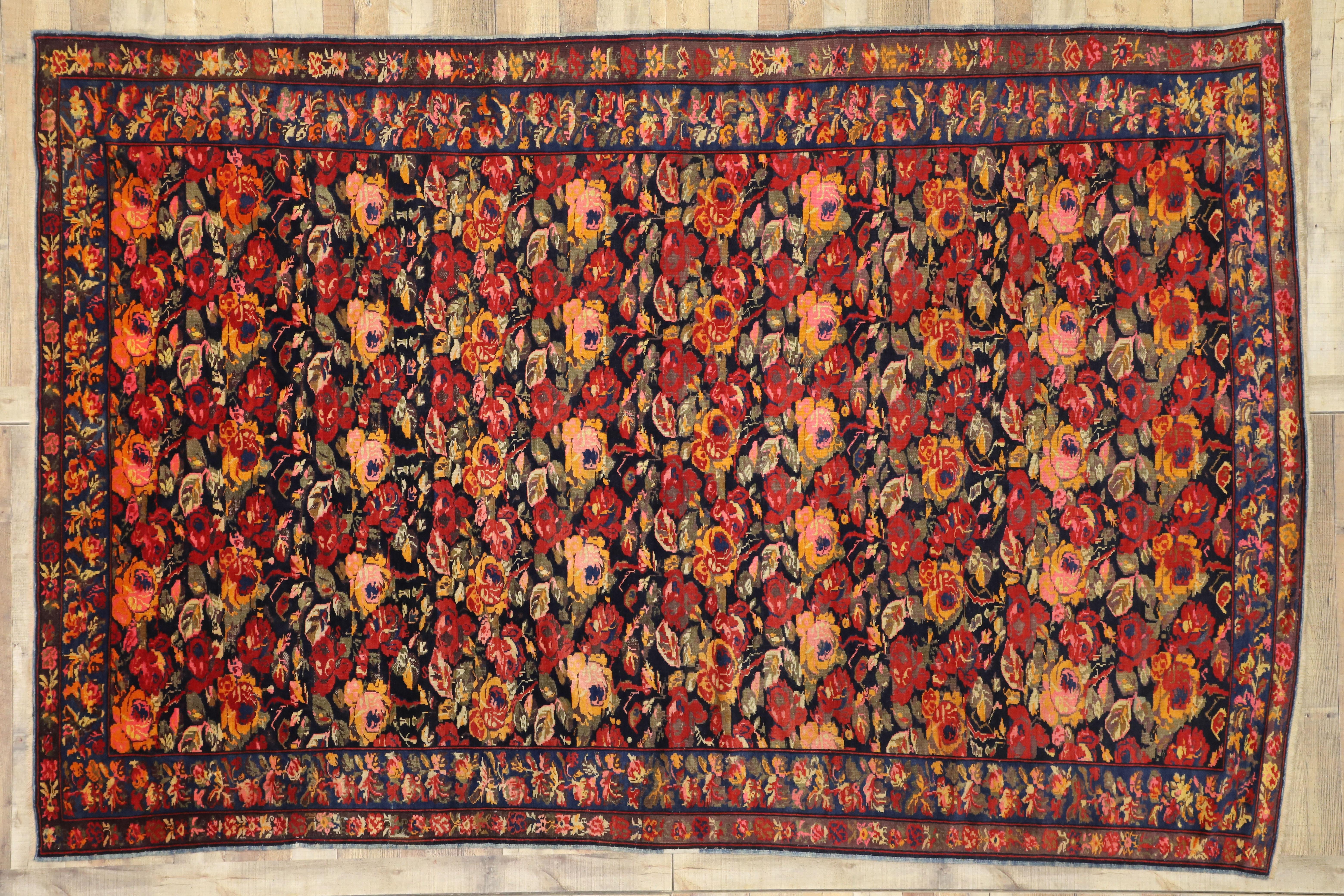 Vintage Caucasian Karabagh Rose Rug with English Cottage Tudor Style, Gol Farang For Sale 2