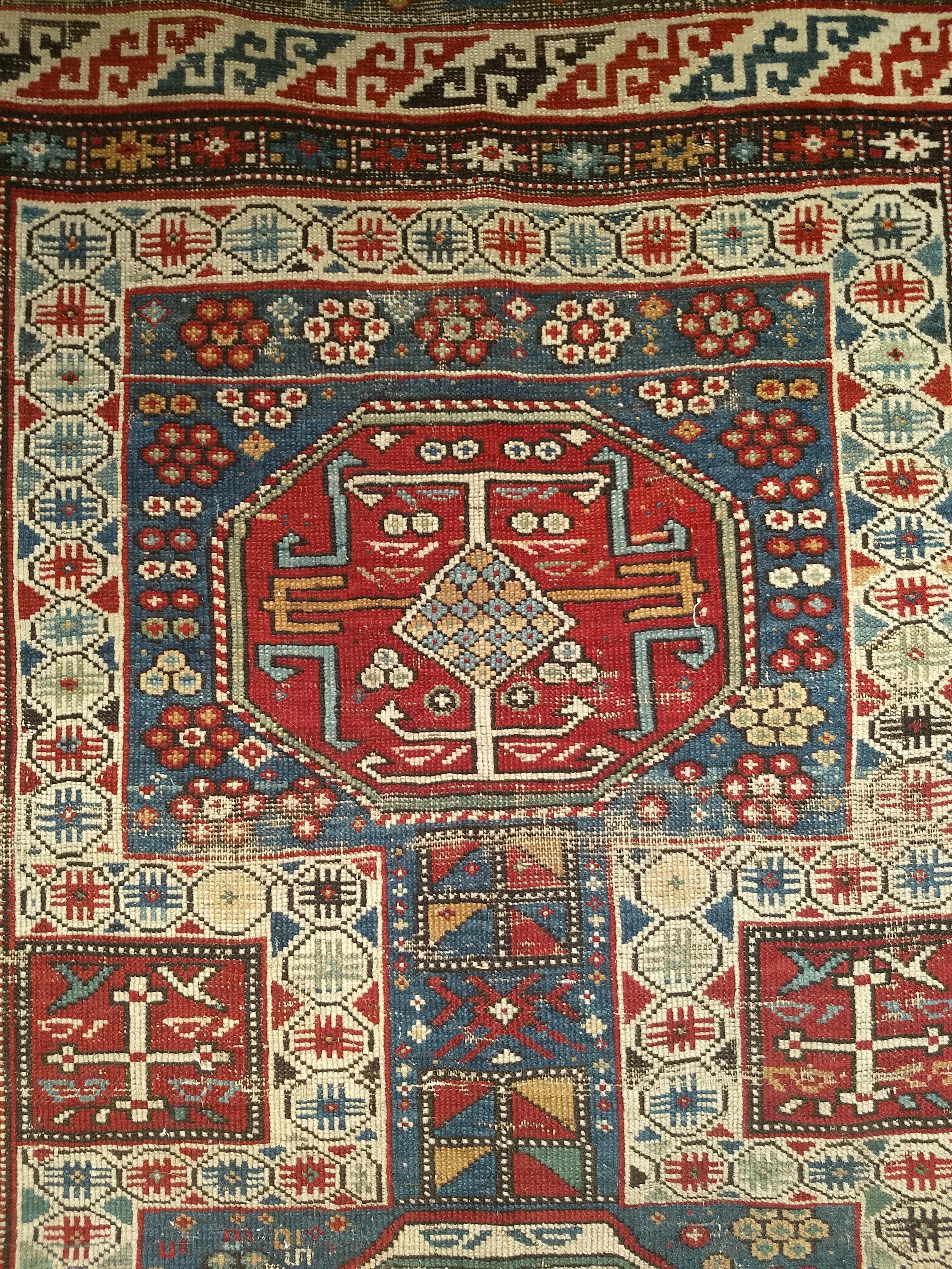 Wool  Early 1900s Caucasian Kuba Area Rug in French Blue, Red, Ivory, Yellow For Sale