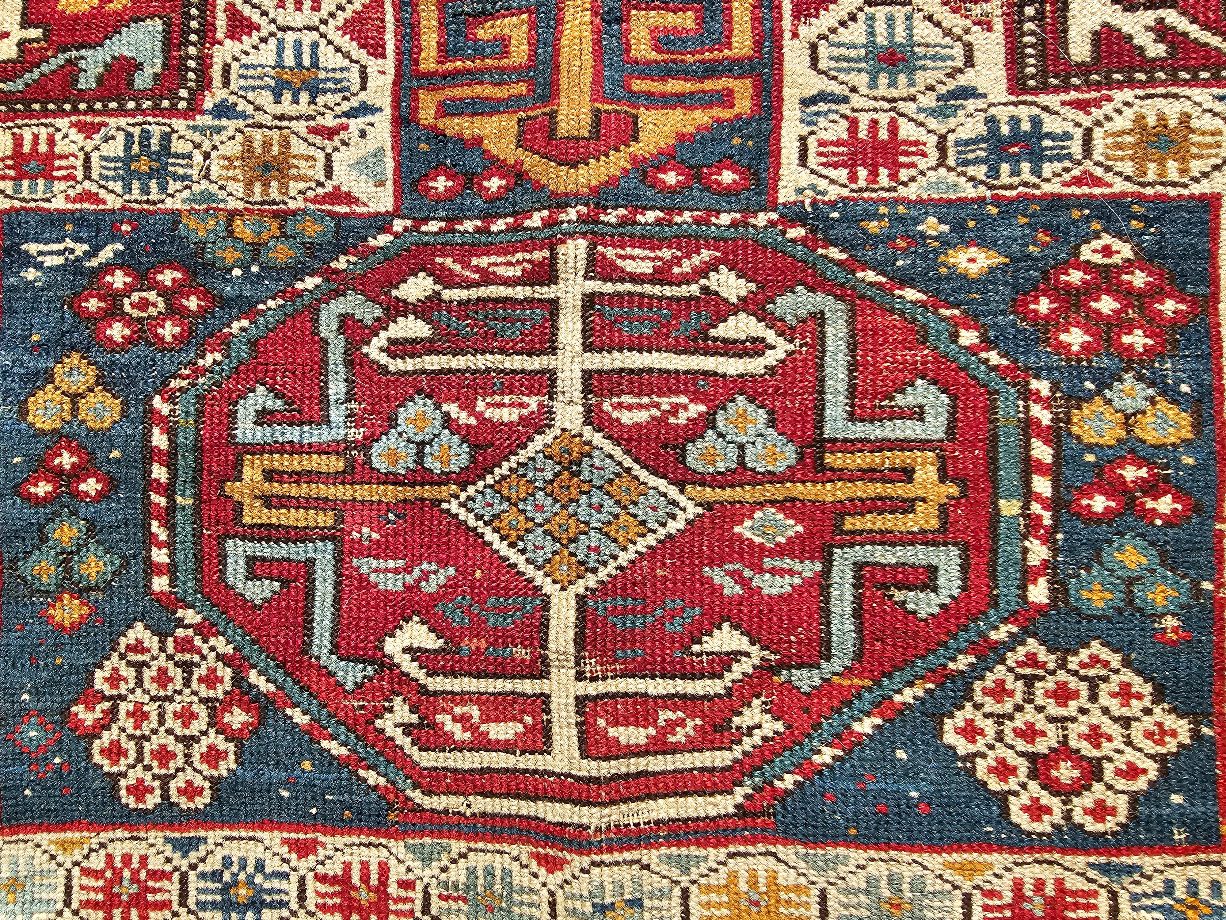 Azerbaijani  Early 1900s Caucasian Kuba Area Rug in French Blue, Red, Ivory, Yellow For Sale