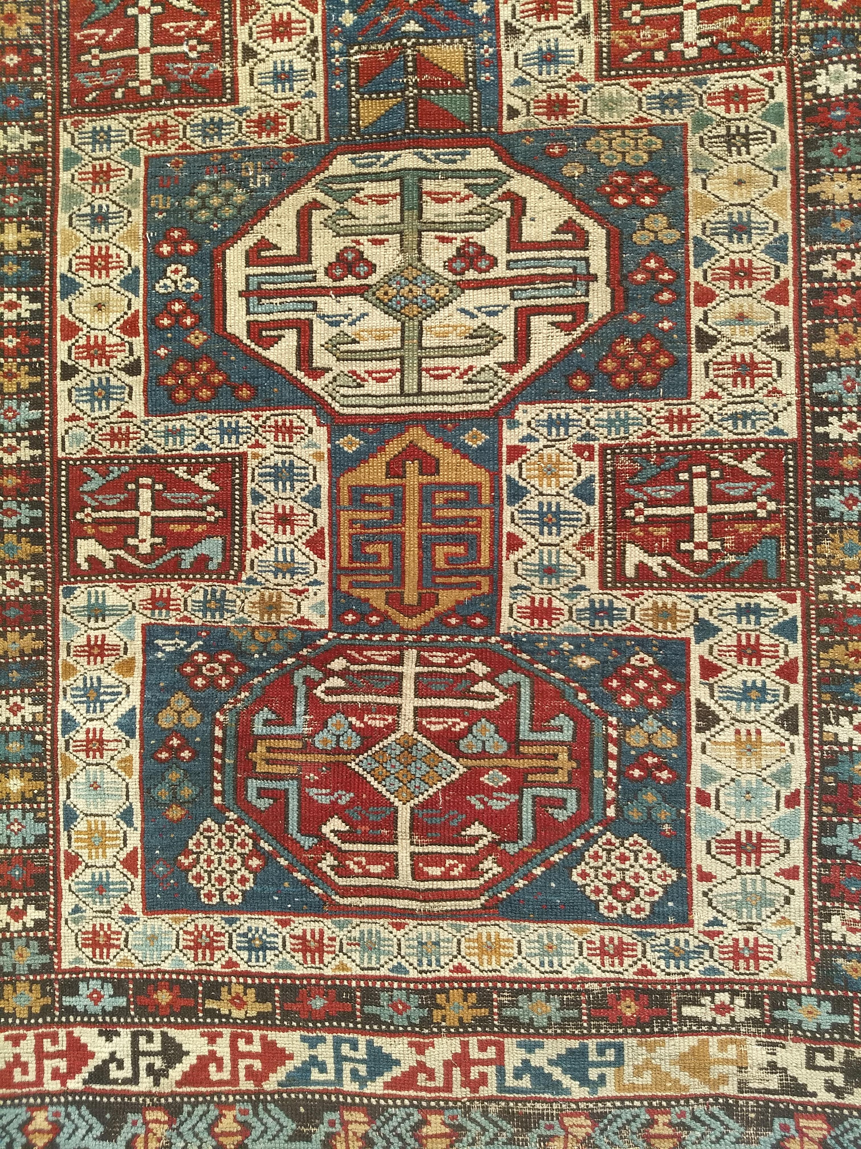 Vegetable Dyed  Early 1900s Caucasian Kuba Area Rug in French Blue, Red, Ivory, Yellow For Sale