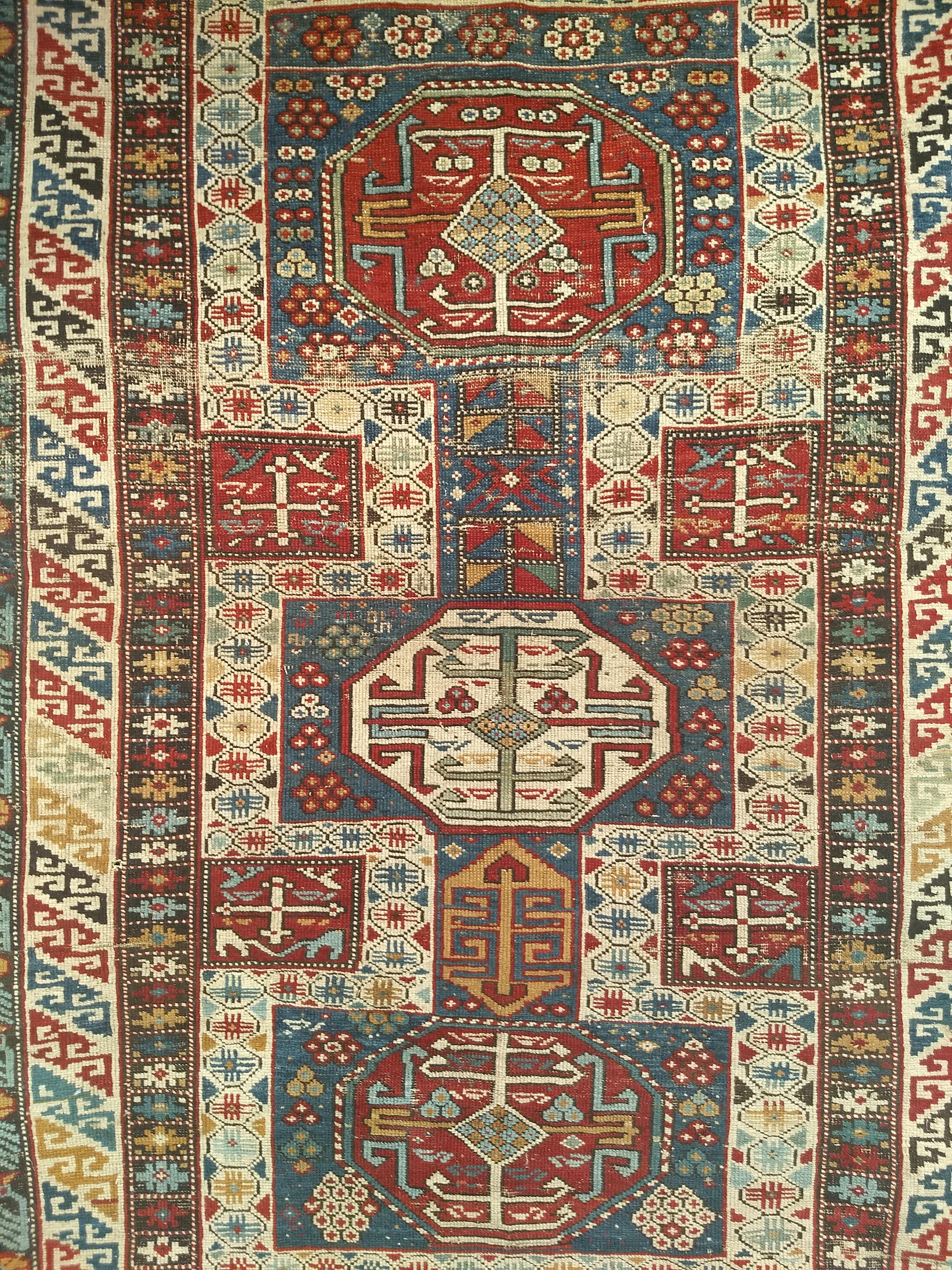  Early 1900s Caucasian Kuba Area Rug in French Blue, Red, Ivory, Yellow In Good Condition For Sale In Barrington, IL