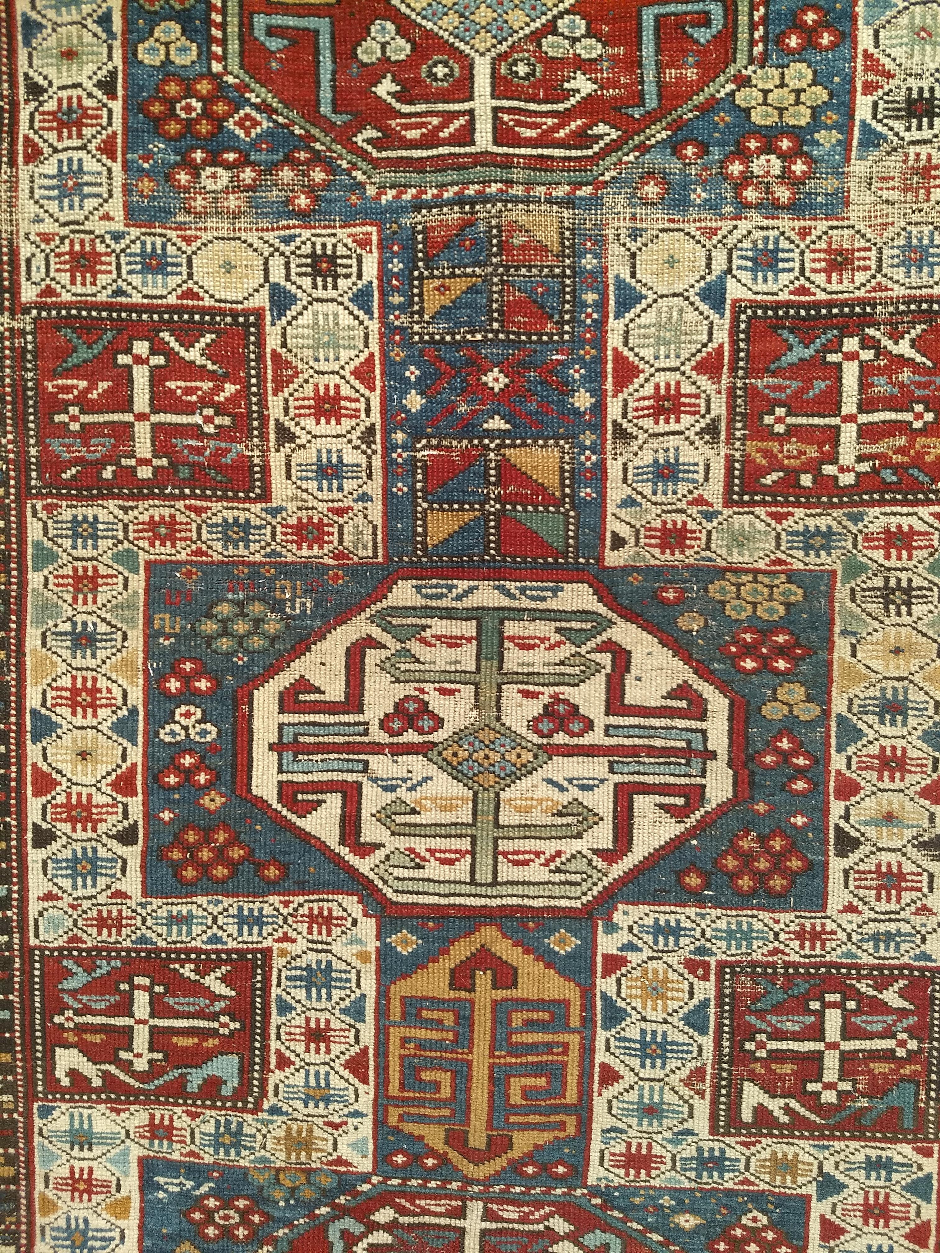 Early 20th Century  Early 1900s Caucasian Kuba Area Rug in French Blue, Red, Ivory, Yellow For Sale