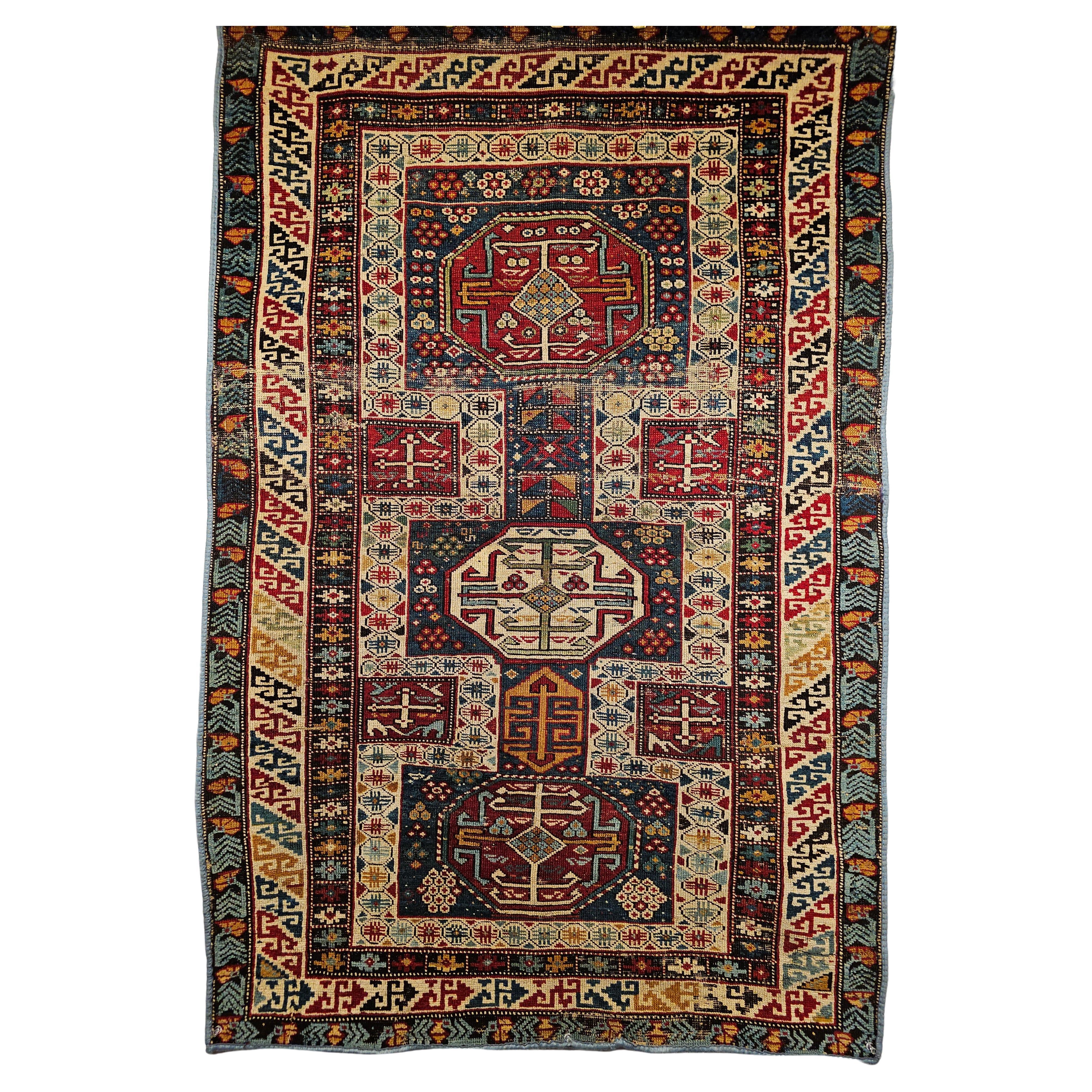  Early 1900s Caucasian Kuba Area Rug in French Blue, Red, Ivory, Yellow For Sale