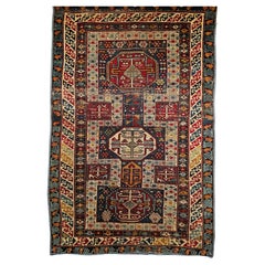  Early 1900s Caucasian Kuba Area Rug in French Blue, Red, Ivory, Yellow