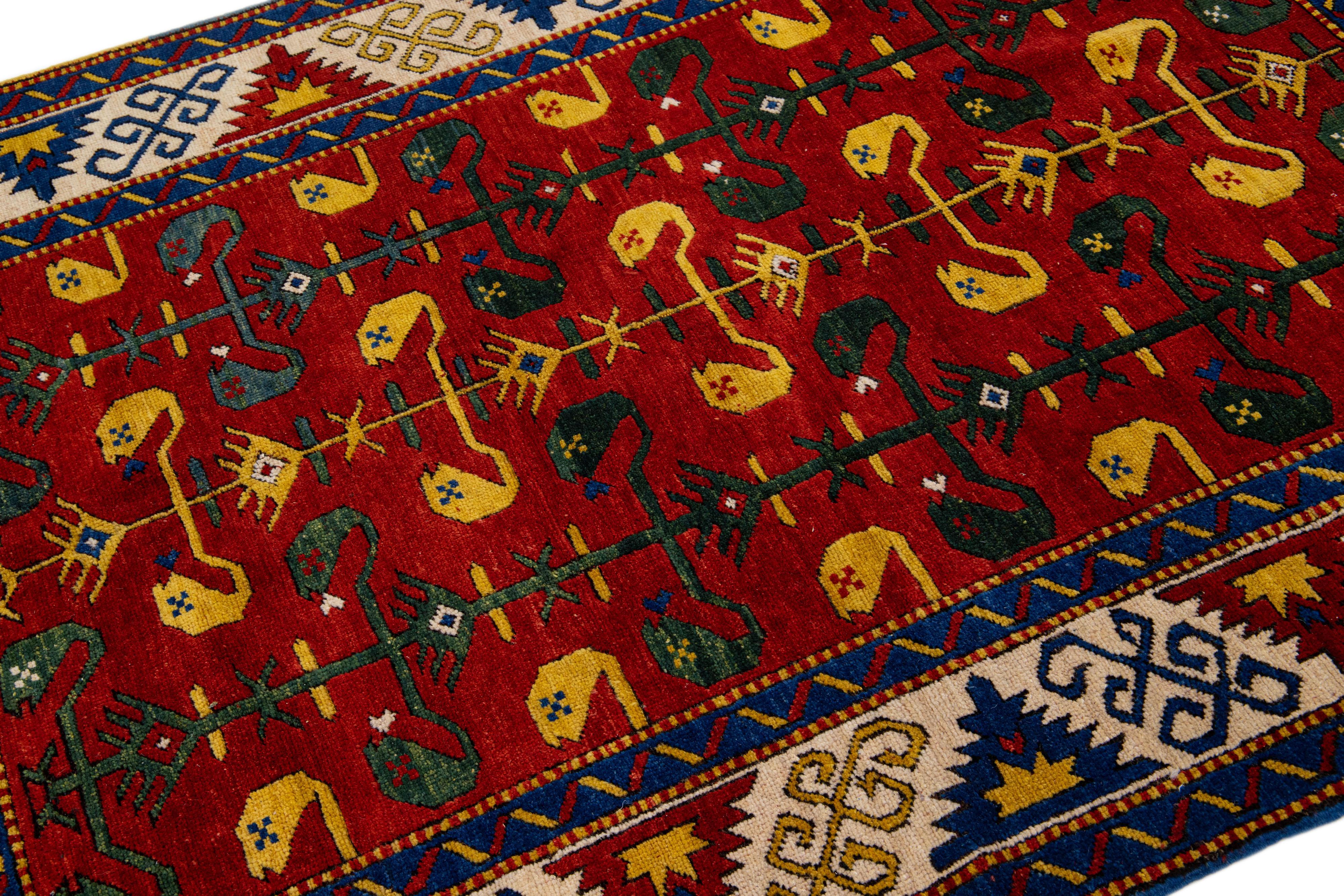 Hand-Knotted Vintage Caucasian Kazak Handmade Scatter Wool Rug in Red For Sale