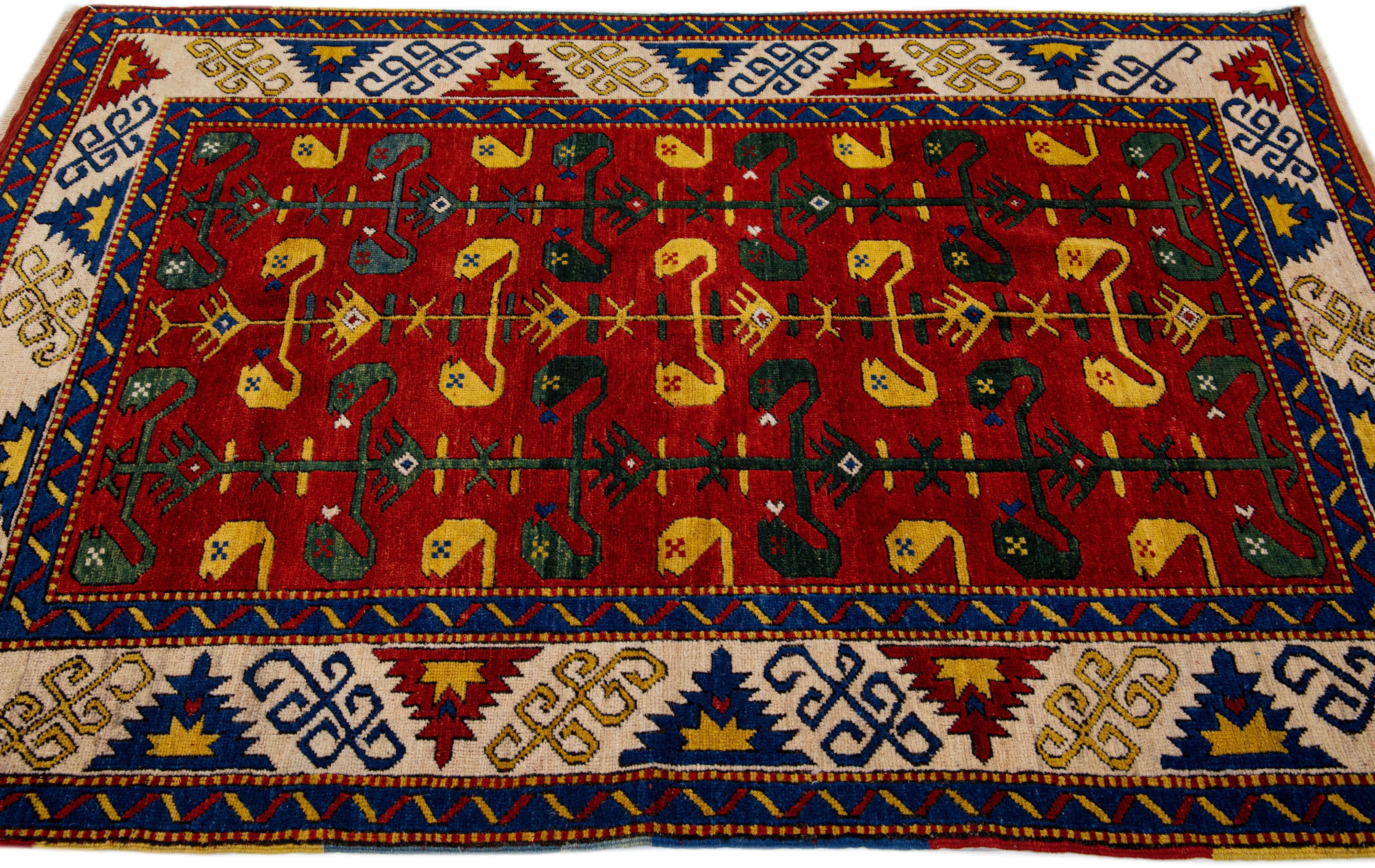 Vintage Caucasian Kazak Handmade Scatter Wool Rug in Red In Excellent Condition For Sale In Norwalk, CT