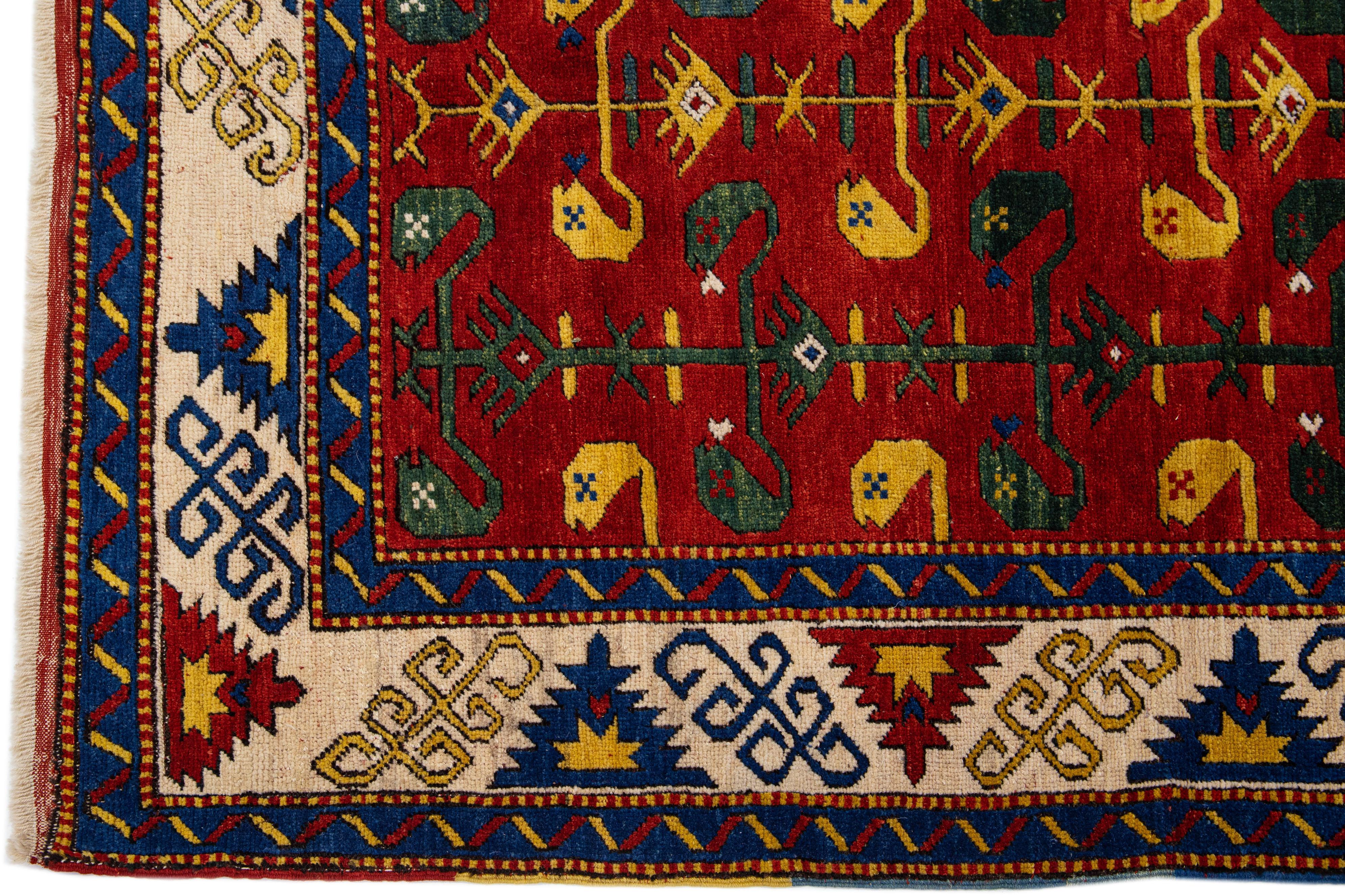 20th Century Vintage Caucasian Kazak Handmade Scatter Wool Rug in Red For Sale