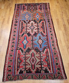 Early 20th-Century Caucasian Kazak Kilim in Terracotta, Turquoise, Green