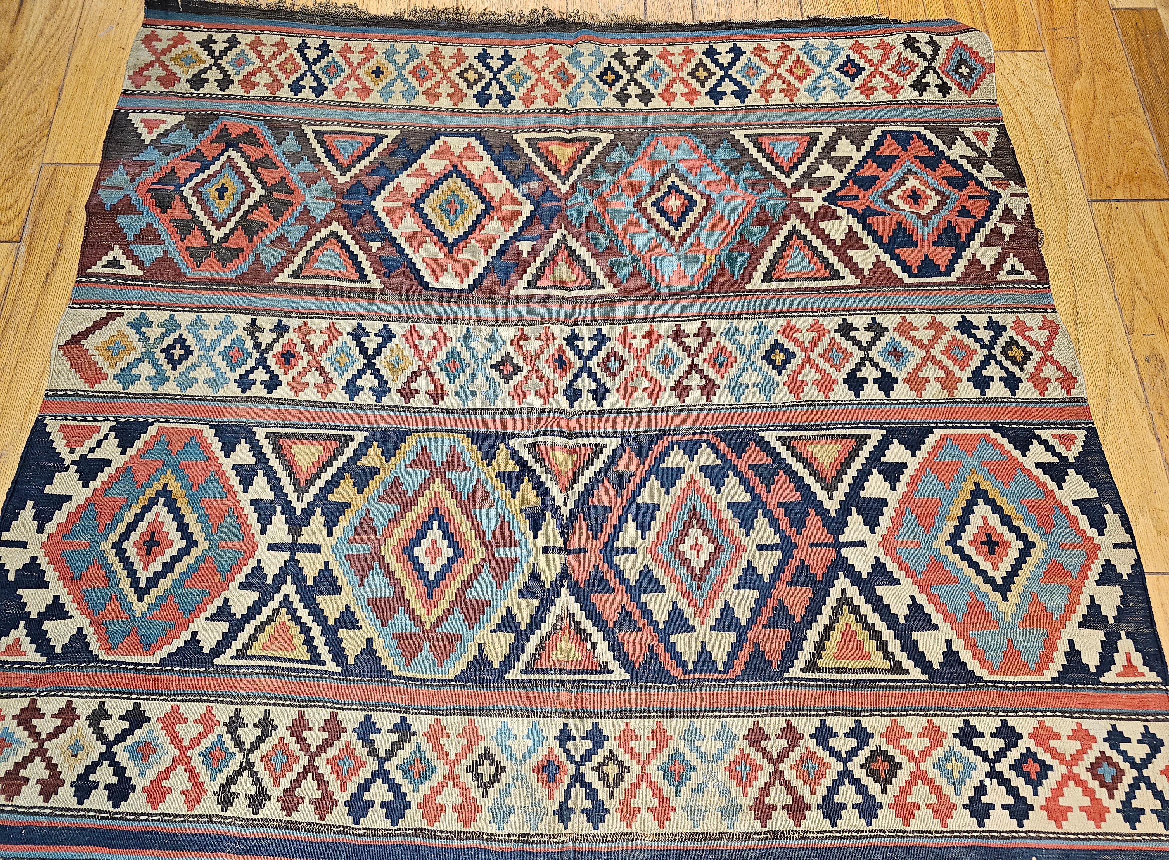 19th Century Vintage Caucasian Kazak Kilim in Geometric Pattern in Ivory, Green, Rust, Blue For Sale
