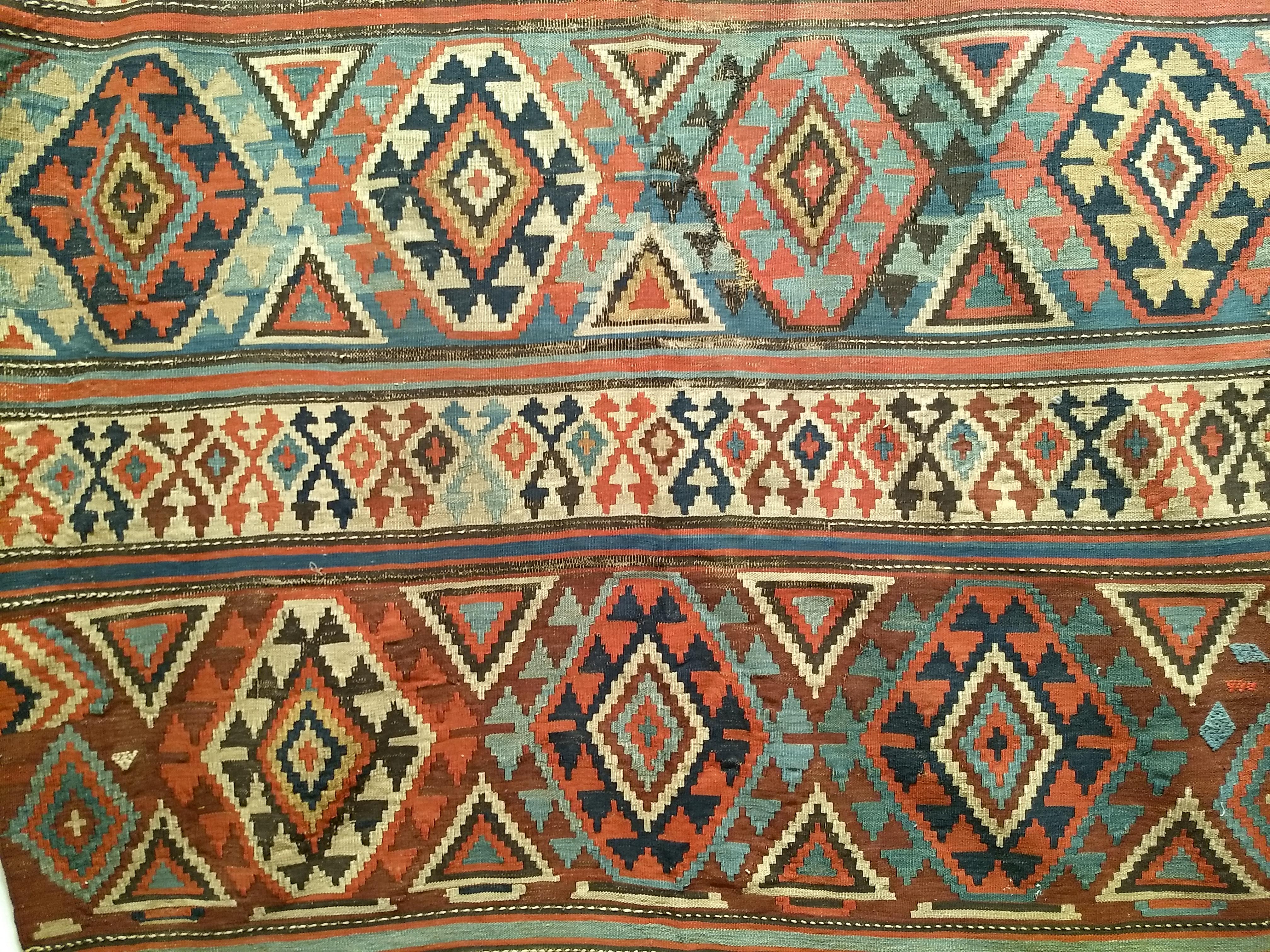 Vintage Caucasian Kazak Kilim in Geometric Pattern in Ivory, Green, Rust, Blue For Sale 1