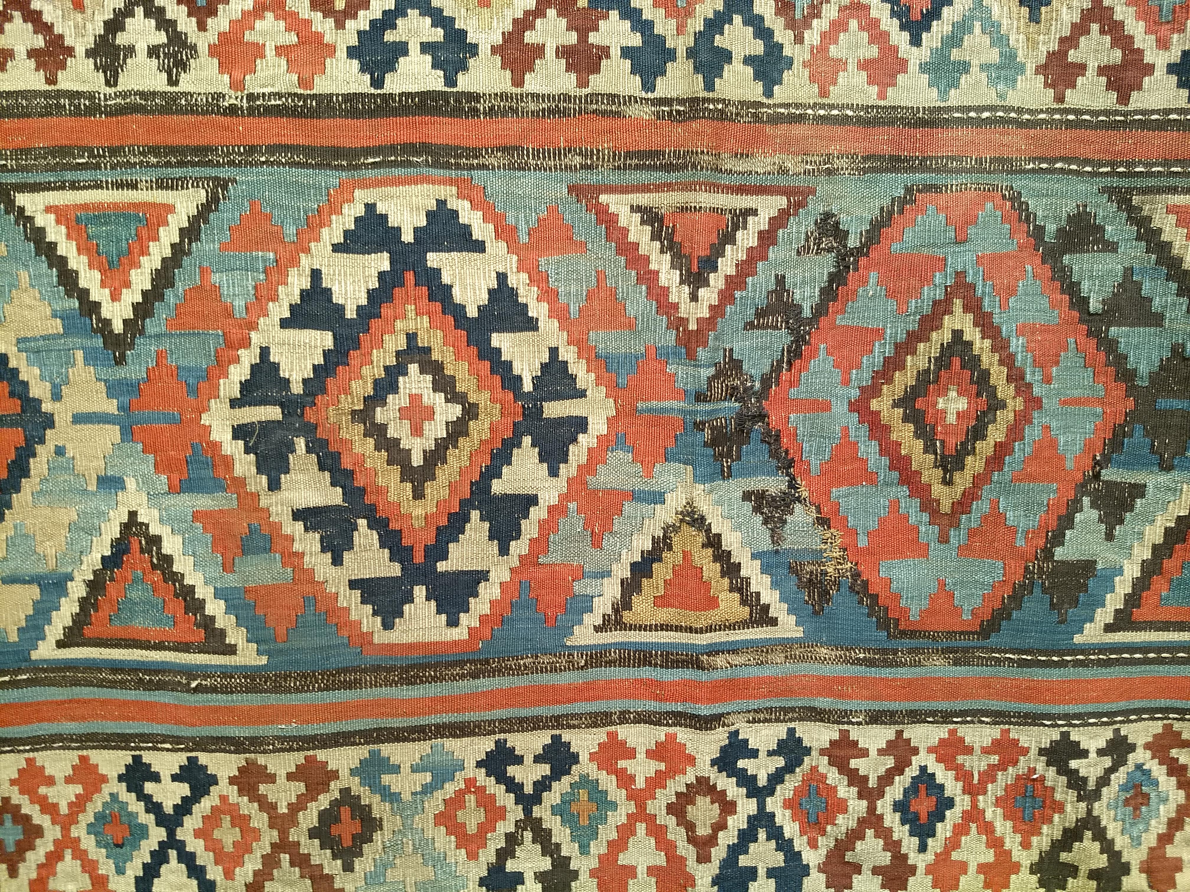 Vintage Caucasian Kazak Kilim in Geometric Pattern in Ivory, Green, Rust, Blue For Sale 2