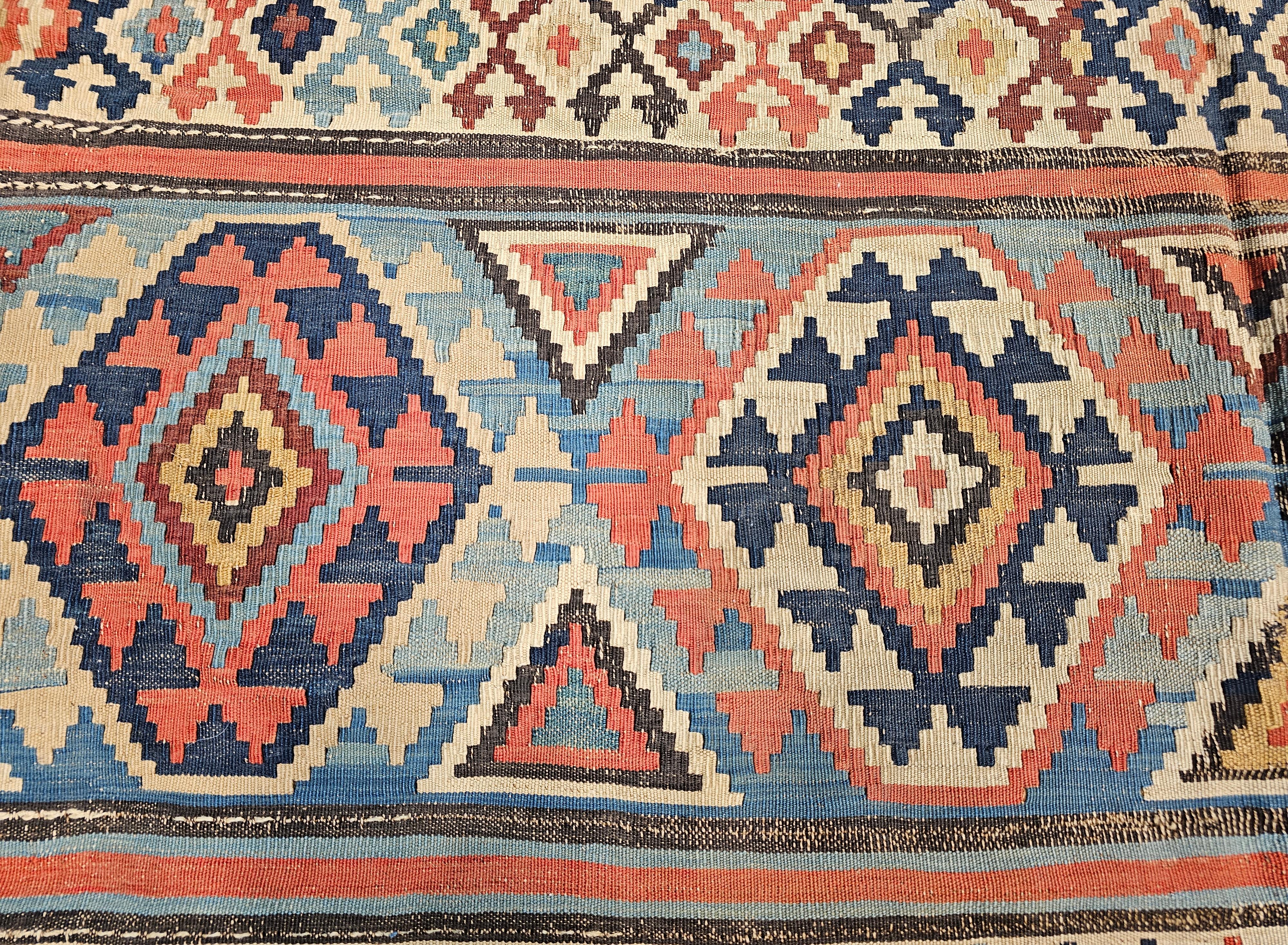 Vintage Caucasian Kazak Kilim in Geometric Pattern in Ivory, Green, Rust, Blue For Sale 3