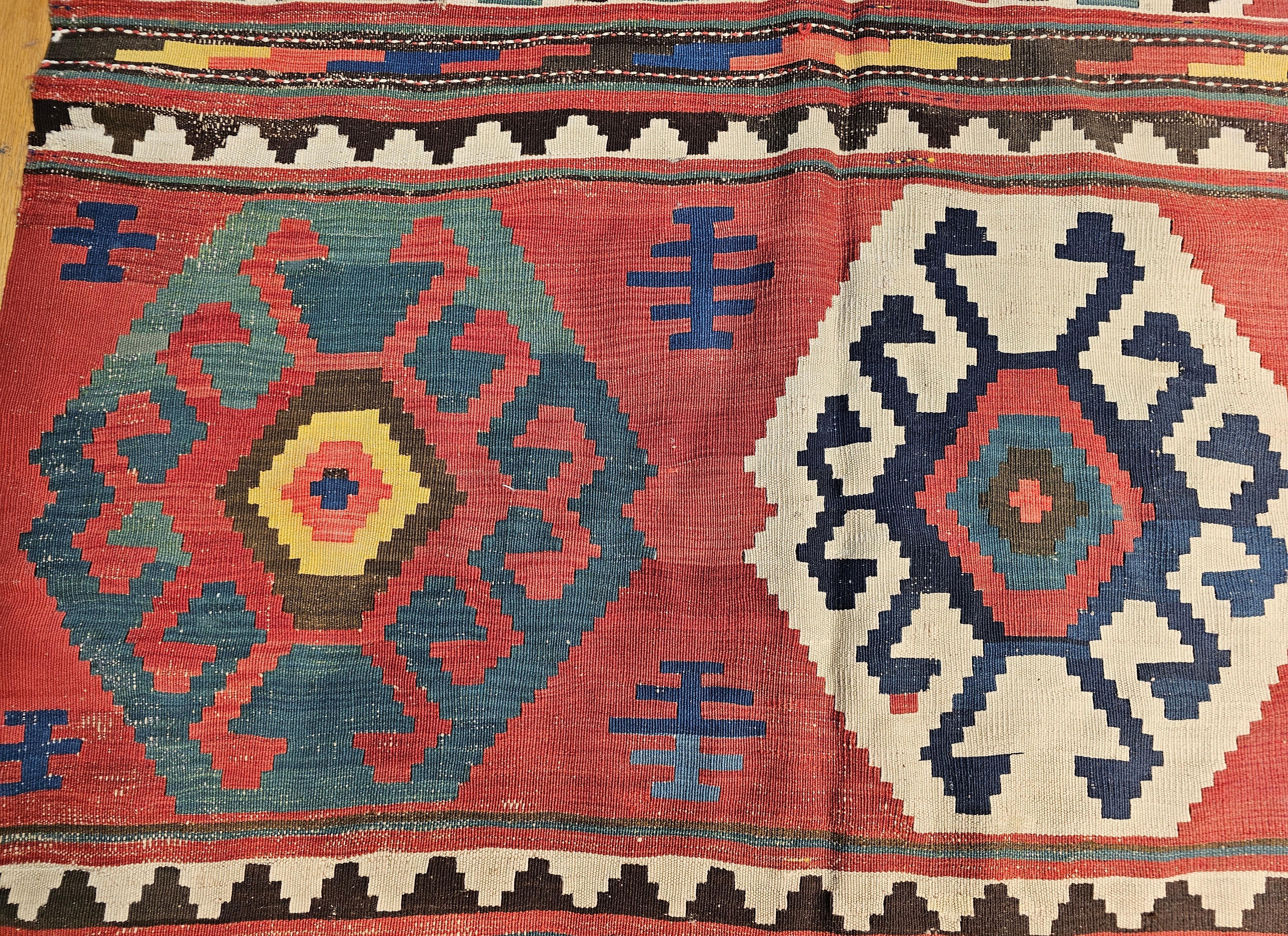 Vintage Caucasian Kazak Room Size Kilim in Blue, Green, Pink, Ivory, Navy For Sale 5