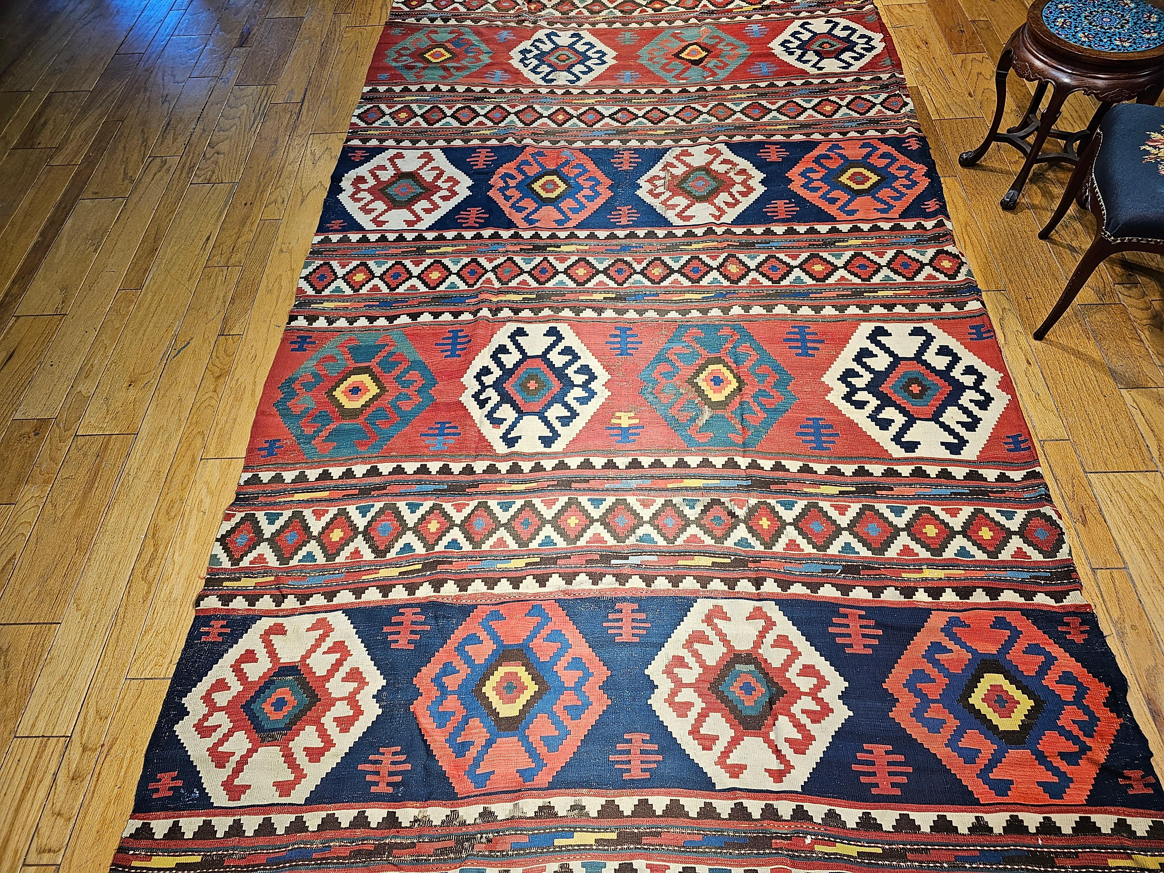 Vintage Caucasian Kazak Room Size Kilim in Blue, Green, Pink, Ivory, Navy For Sale 8