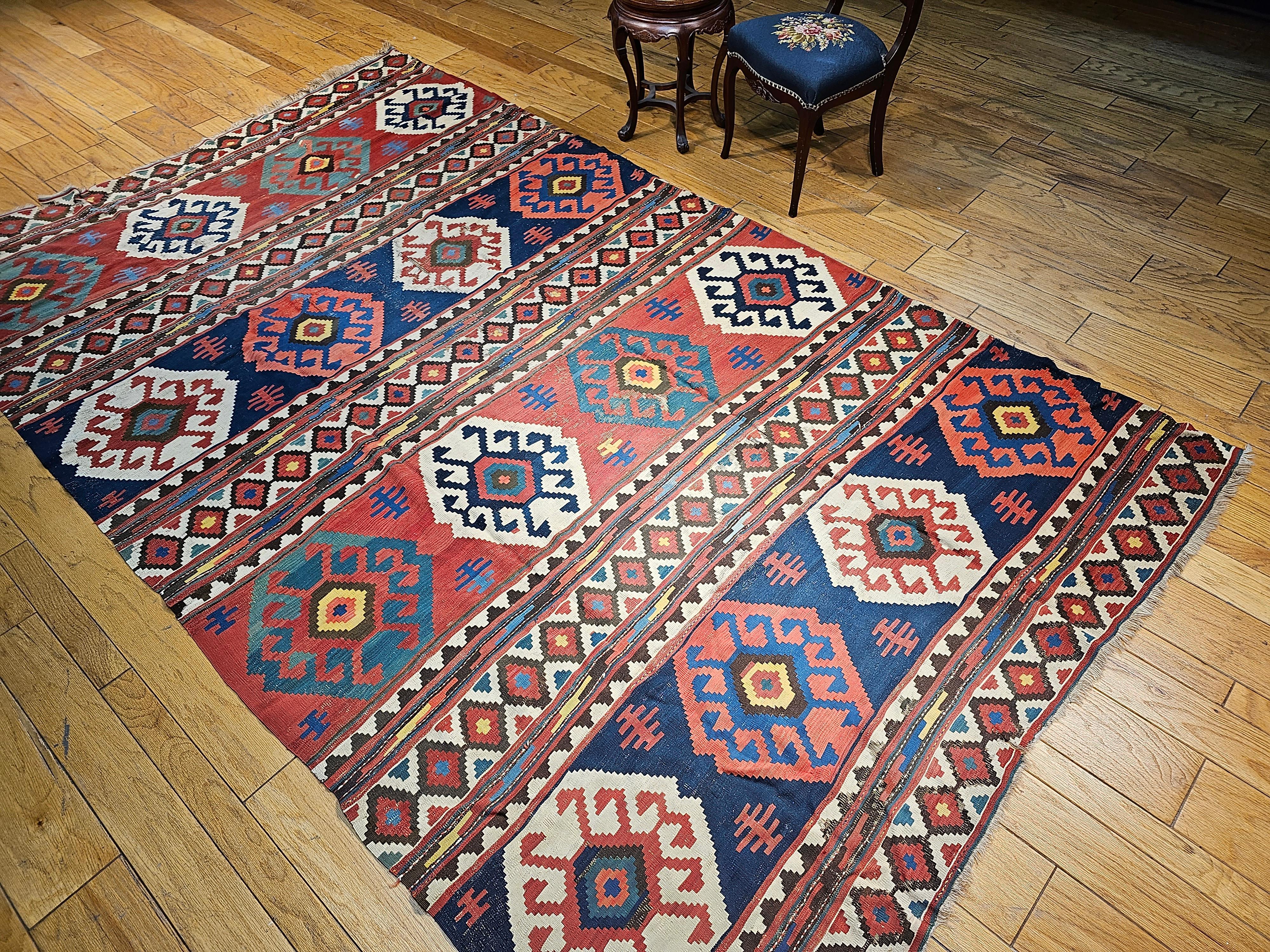 Vintage Caucasian Kazak Room Size Kilim in Blue, Green, Pink, Ivory, Navy For Sale 9