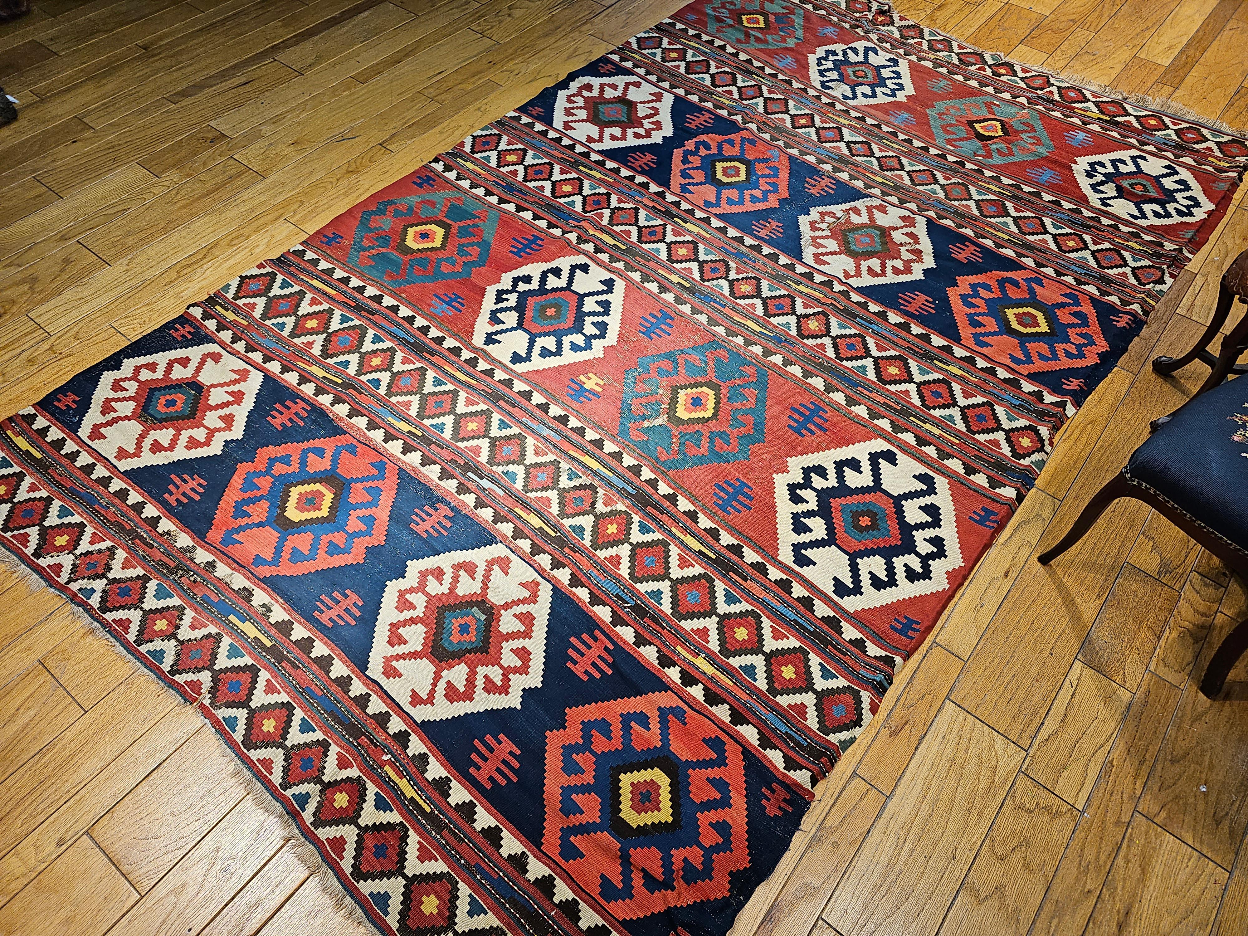 Vintage Caucasian Kazak Room Size Kilim in Blue, Green, Pink, Ivory, Navy For Sale 10