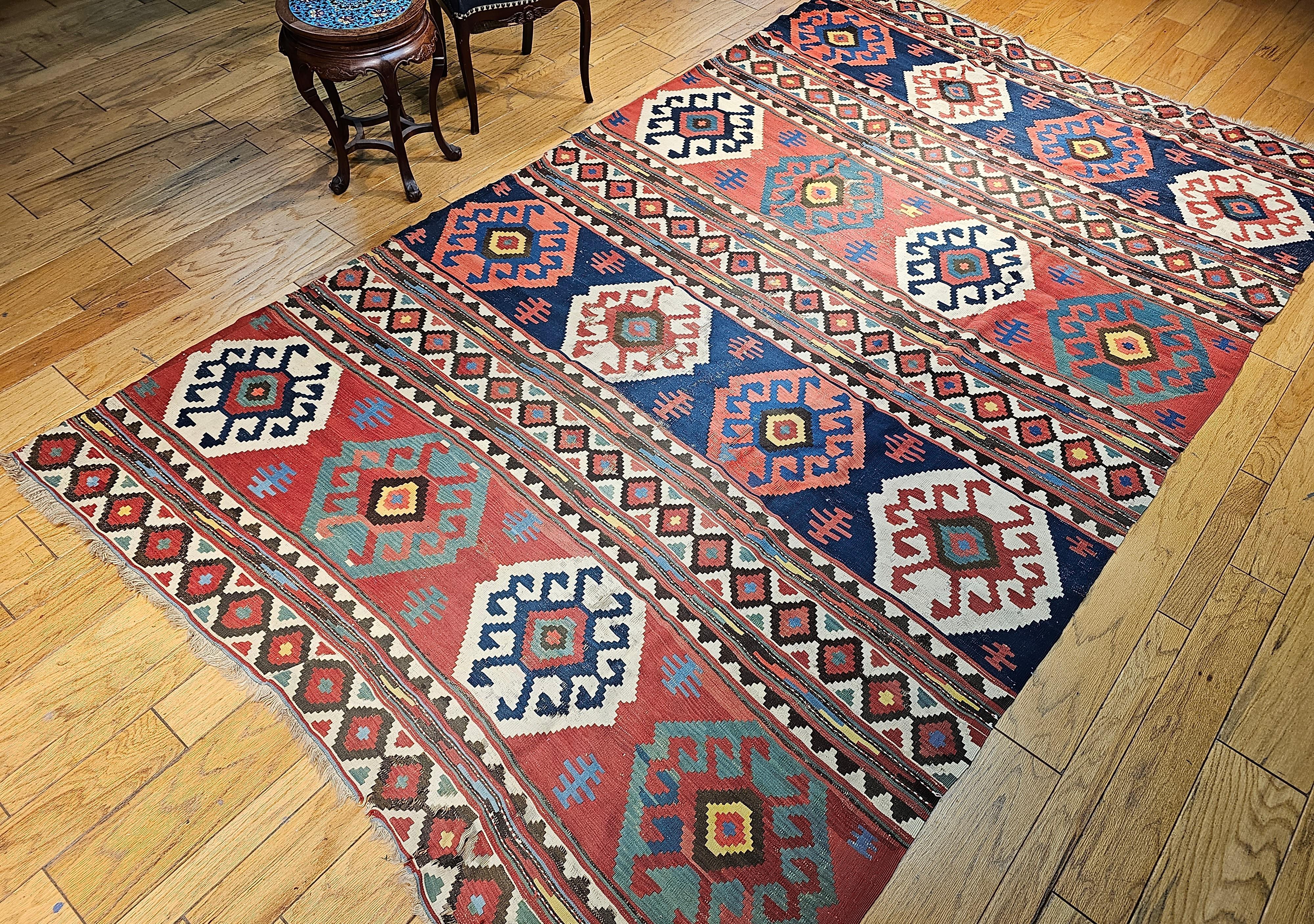 Vintage Caucasian Kazak Room Size Kilim in Blue, Green, Pink, Ivory, Navy For Sale 13