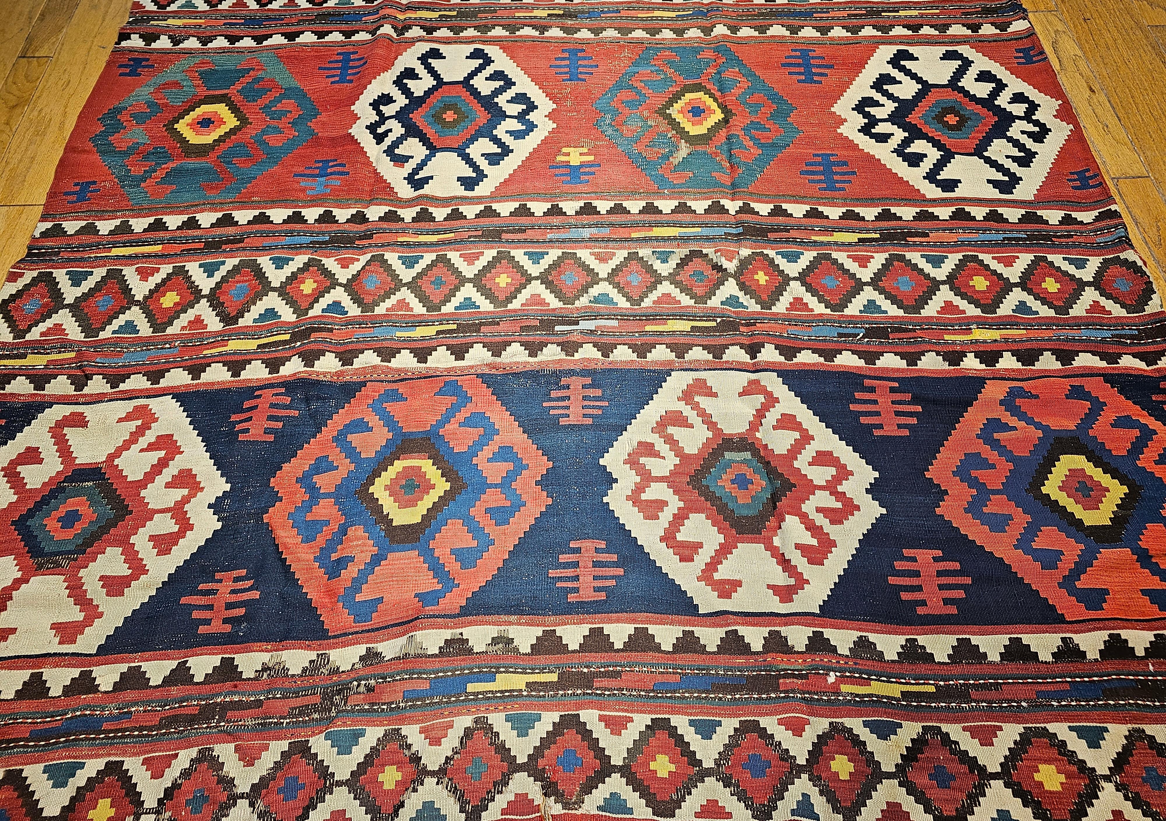 Vegetable Dyed Vintage Caucasian Kazak Room Size Kilim in Blue, Green, Pink, Ivory, Navy For Sale