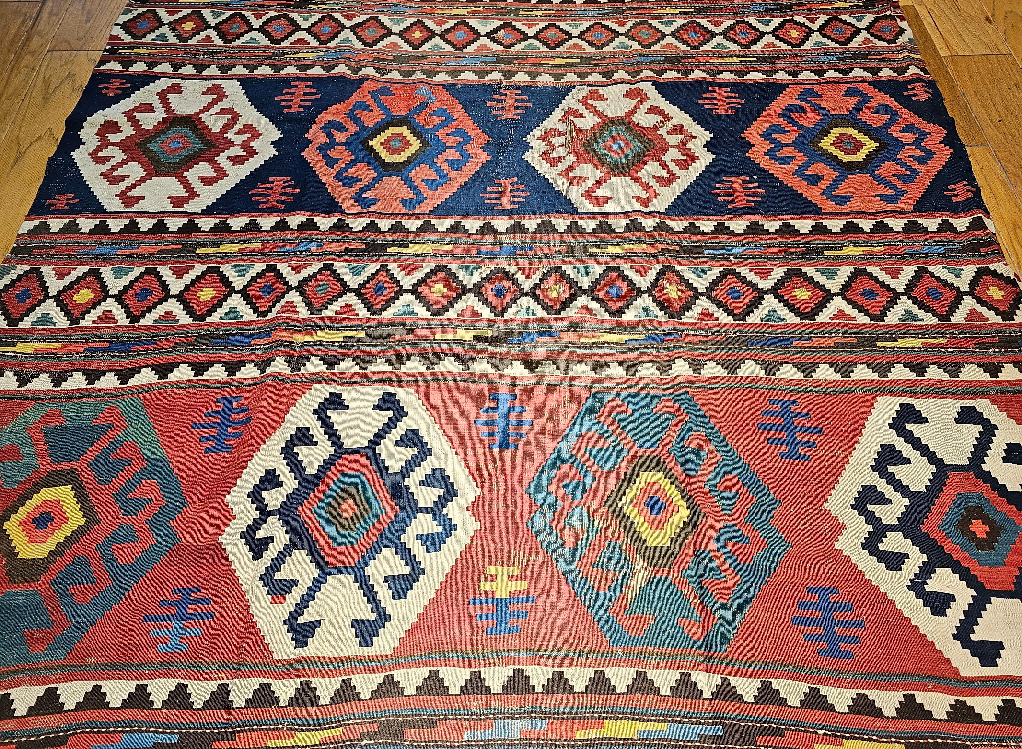 Vintage Caucasian Kazak Room Size Kilim in Blue, Green, Pink, Ivory, Navy In Good Condition For Sale In Barrington, IL