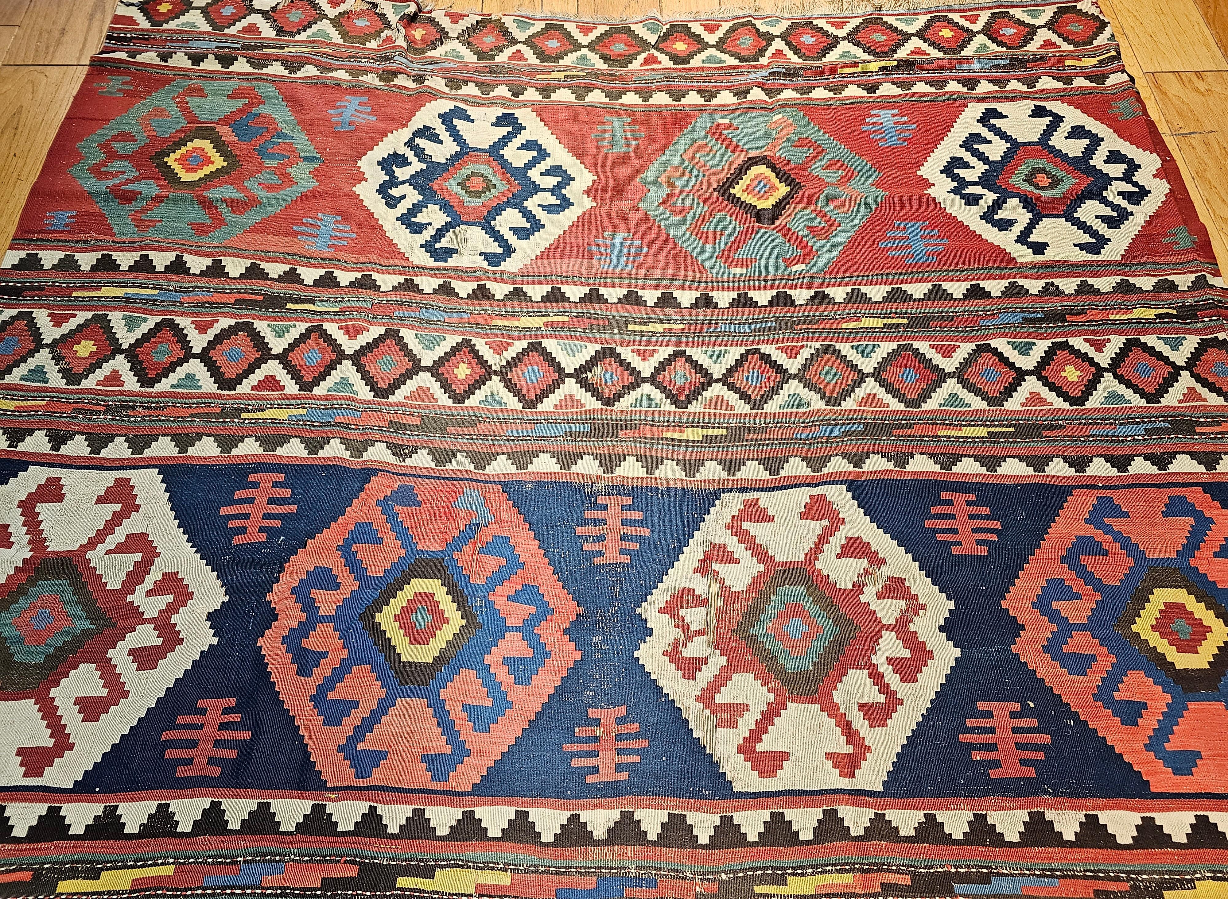 19th Century Vintage Caucasian Kazak Room Size Kilim in Blue, Green, Pink, Ivory, Navy For Sale