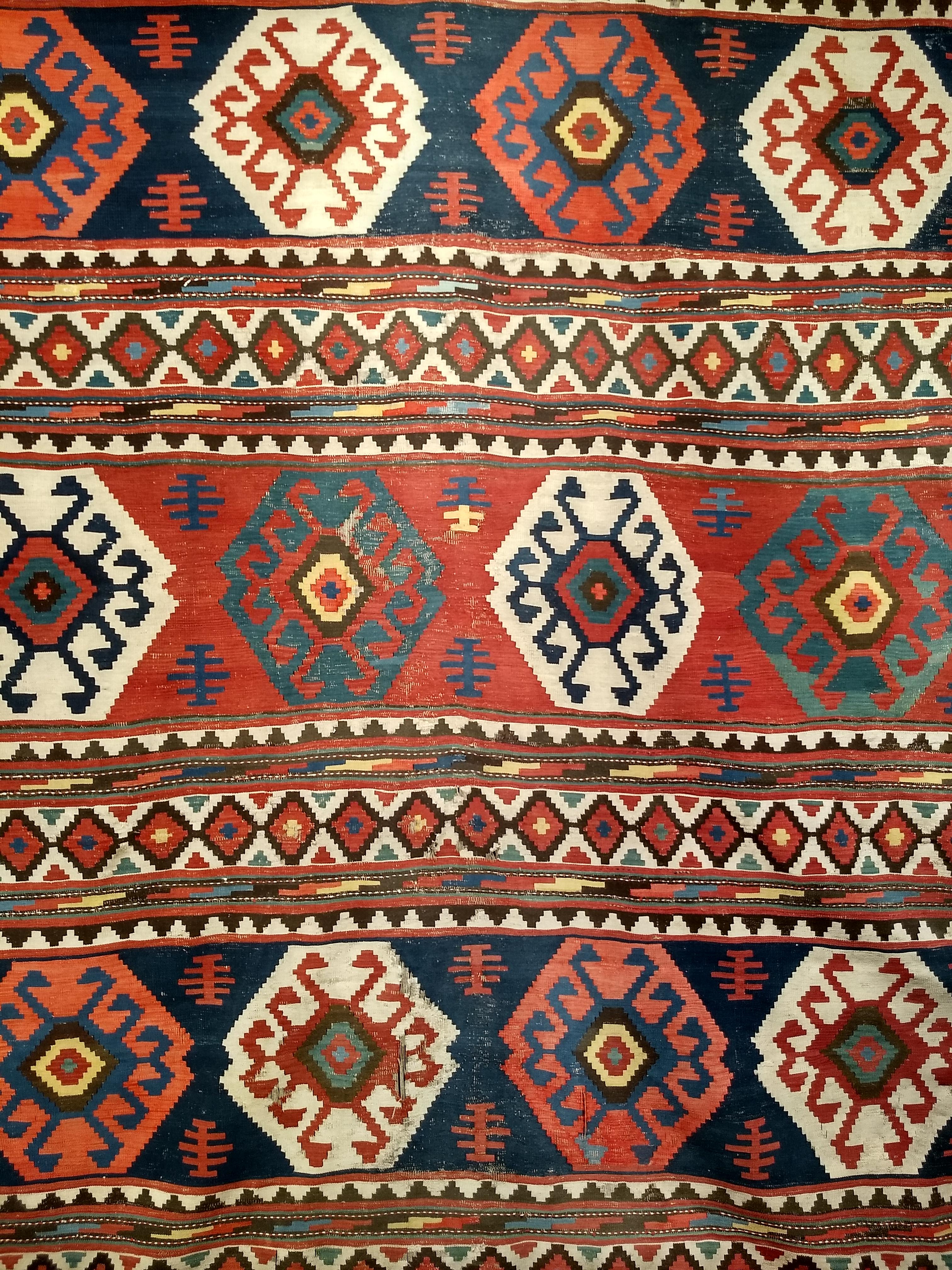 Wool Vintage Caucasian Kazak Room Size Kilim in Blue, Green, Pink, Ivory, Navy For Sale