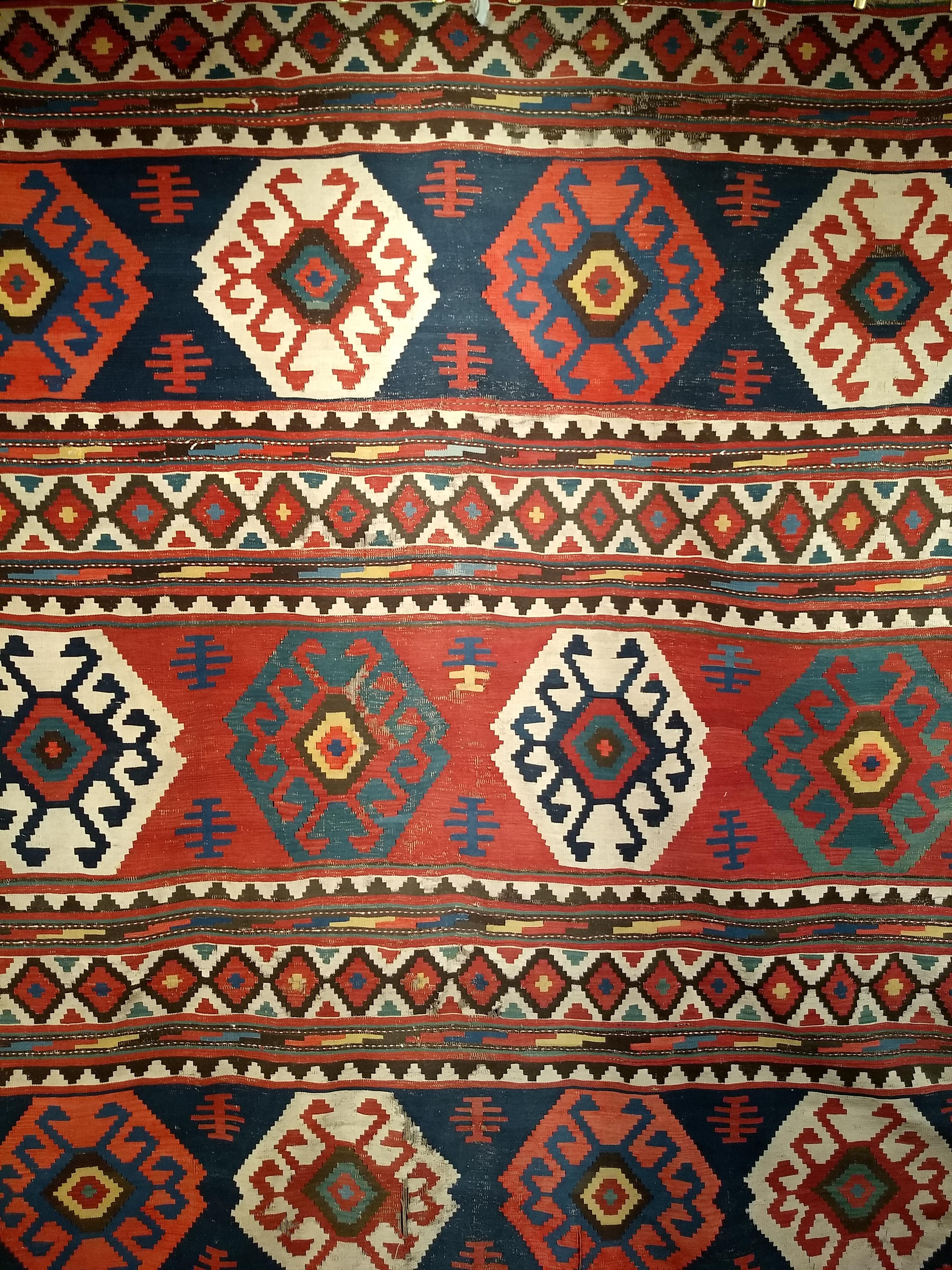 Vintage Caucasian Kazak Room Size Kilim in Blue, Green, Pink, Ivory, Navy For Sale 1