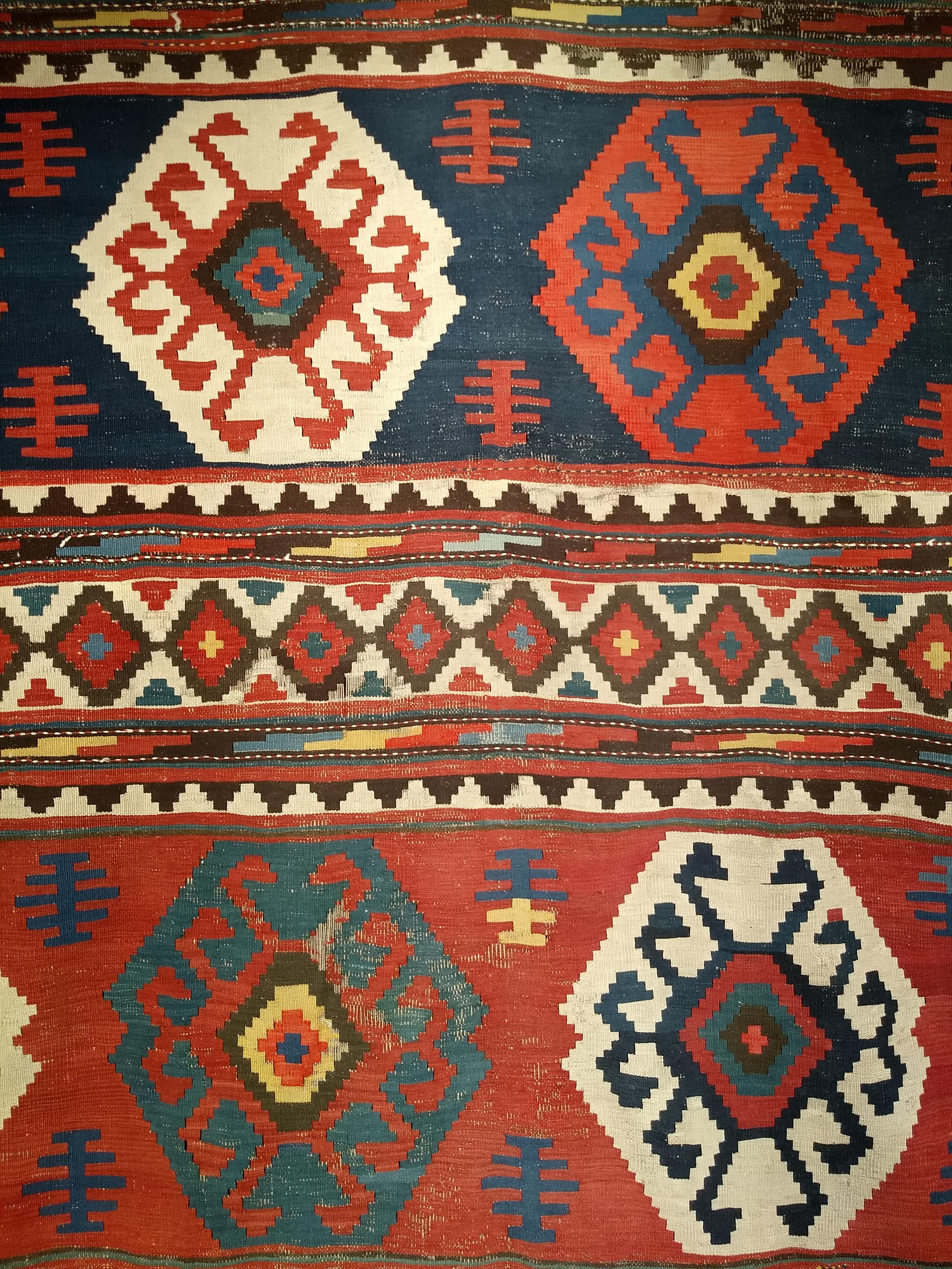 Vintage Caucasian Kazak Room Size Kilim in Blue, Green, Pink, Ivory, Navy For Sale 3