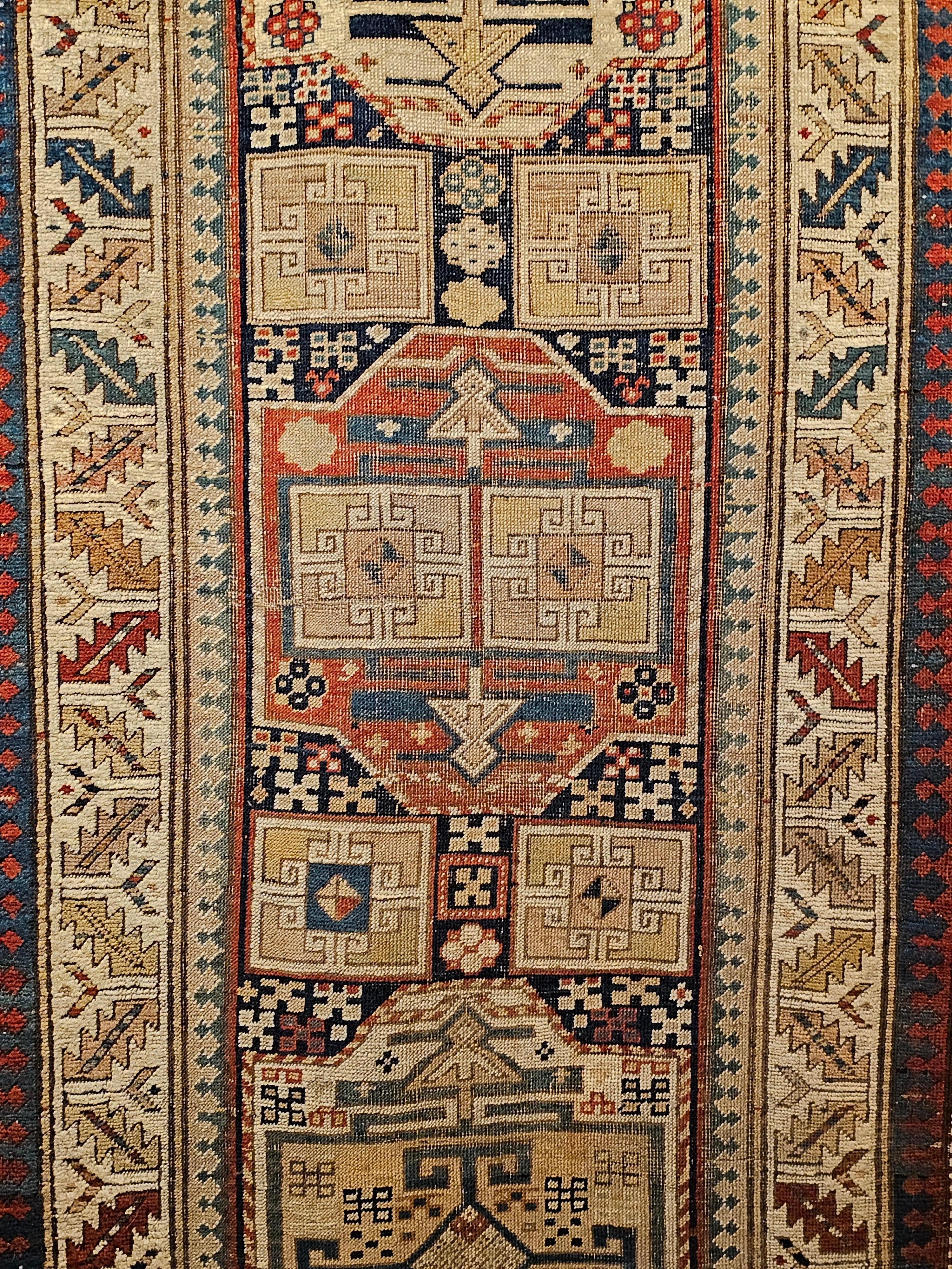 19th Century Caucasian Kazak Runner in Geometric Medallions Pattern in Blue, Red In Good Condition For Sale In Barrington, IL