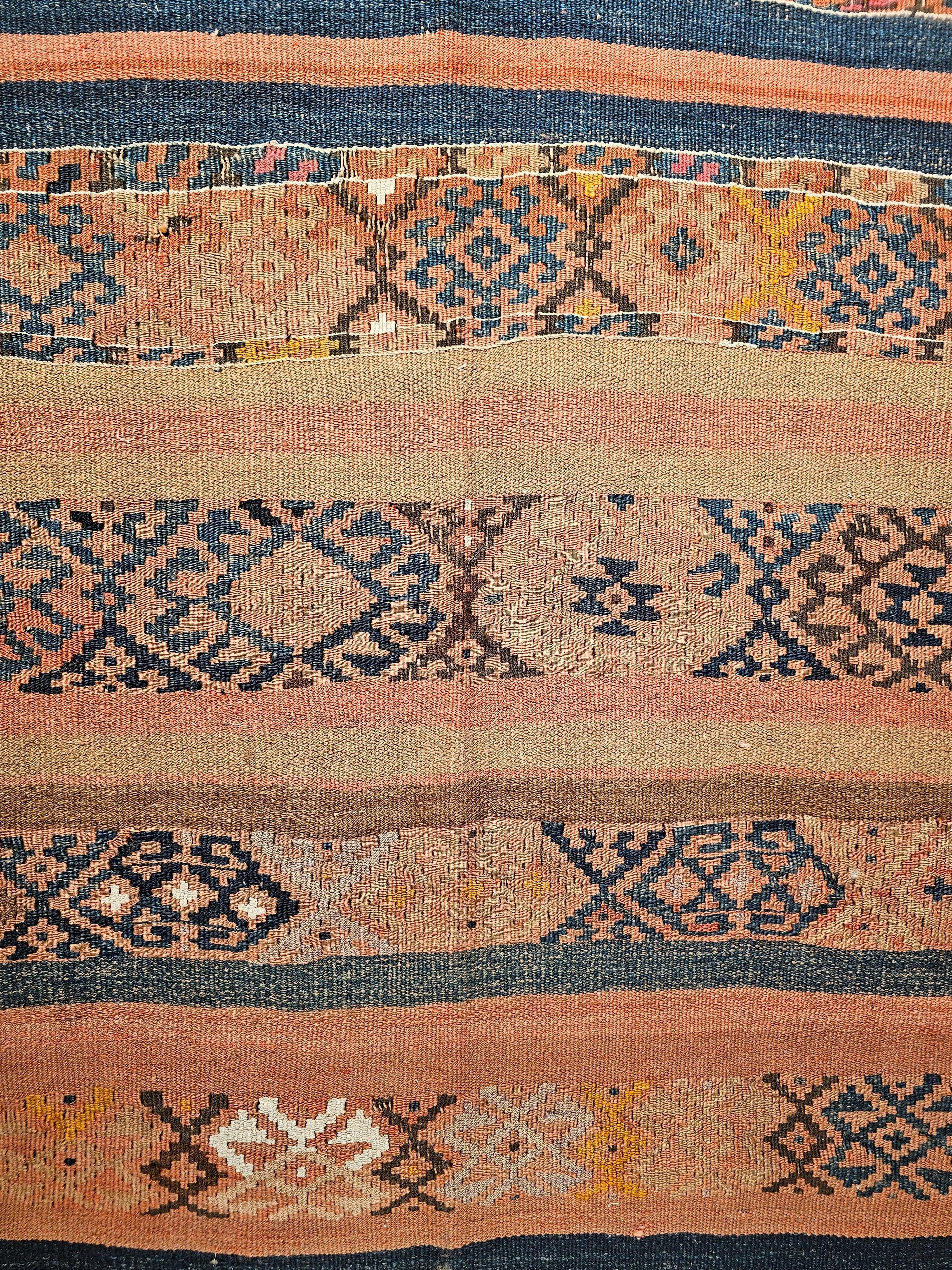 Wool Vintage Caucasian Kilim in Geometric Design in Earth Tone Colors